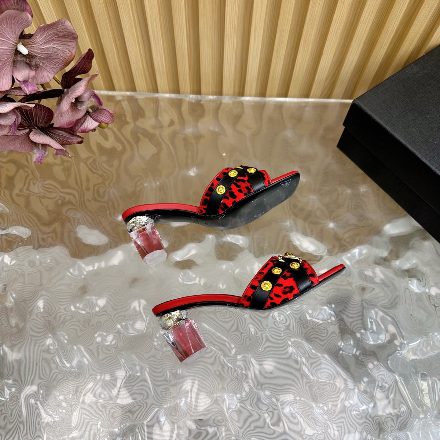 Versace GIANNI RIBBON Crystal Heeled Sandals - Leopard Print, Red Leather 10 i1742202204285 4280 0 8