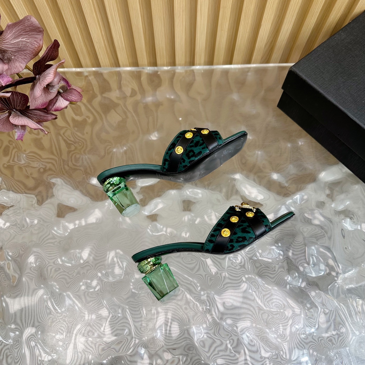 Versace GIANNI RIBBON Crystal Heeled Sandals/Slippers, Green Leopard Print 10 i1742202226344 690 0 8