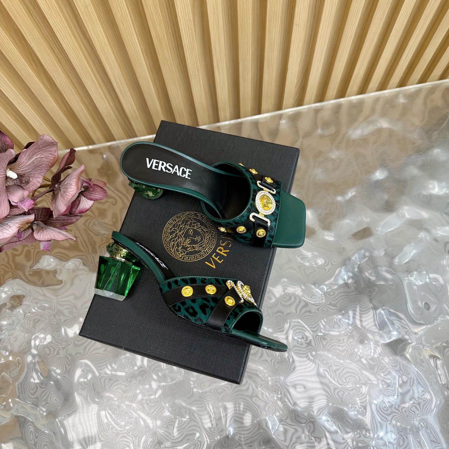 Versace GIANNI RIBBON Crystal Heeled Sandals/Slippers, Green Leopard Print 3 i1742202226372 3132 0 1