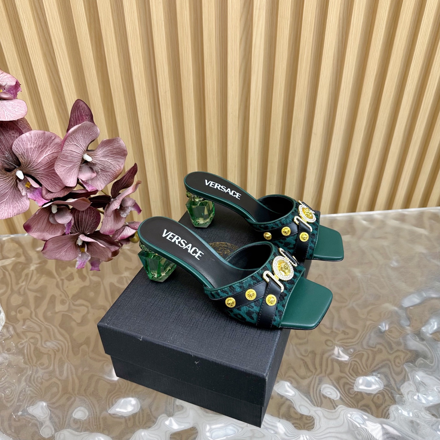 Versace GIANNI RIBBON Crystal Heeled Sandals/Slippers, Green Leopard Print 2 i1742202226378 2832 0 0