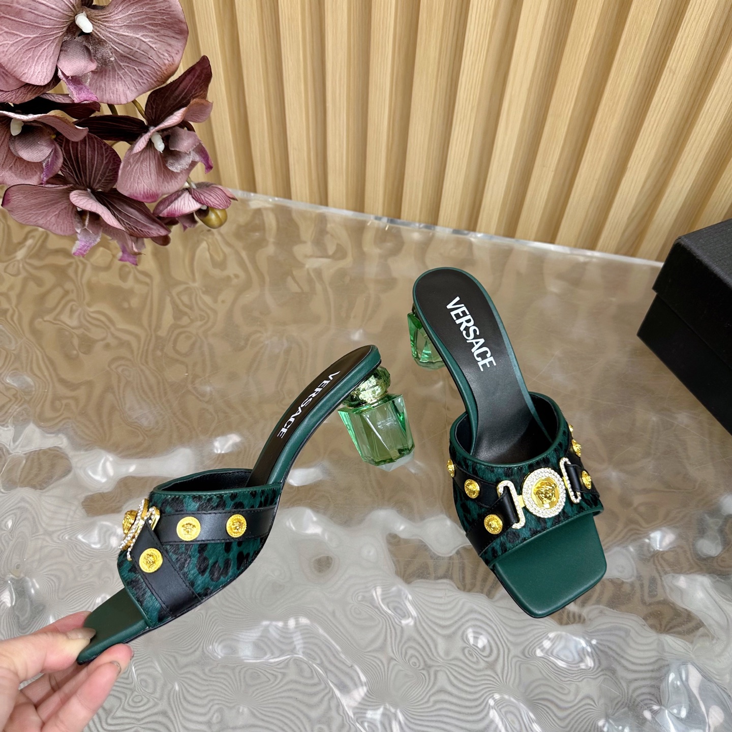 Versace GIANNI RIBBON Crystal Heeled Sandals/Slippers, Green Leopard Print 8 i1742202226386 1257 0 6