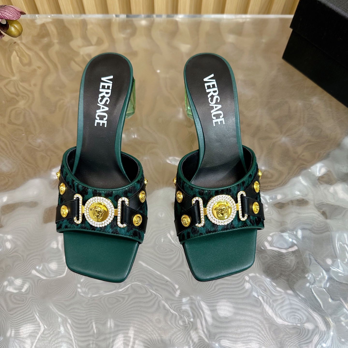 Versace GIANNI RIBBON Crystal Heeled Sandals/Slippers, Green Leopard Print 6 i1742202226386 9484 0 4
