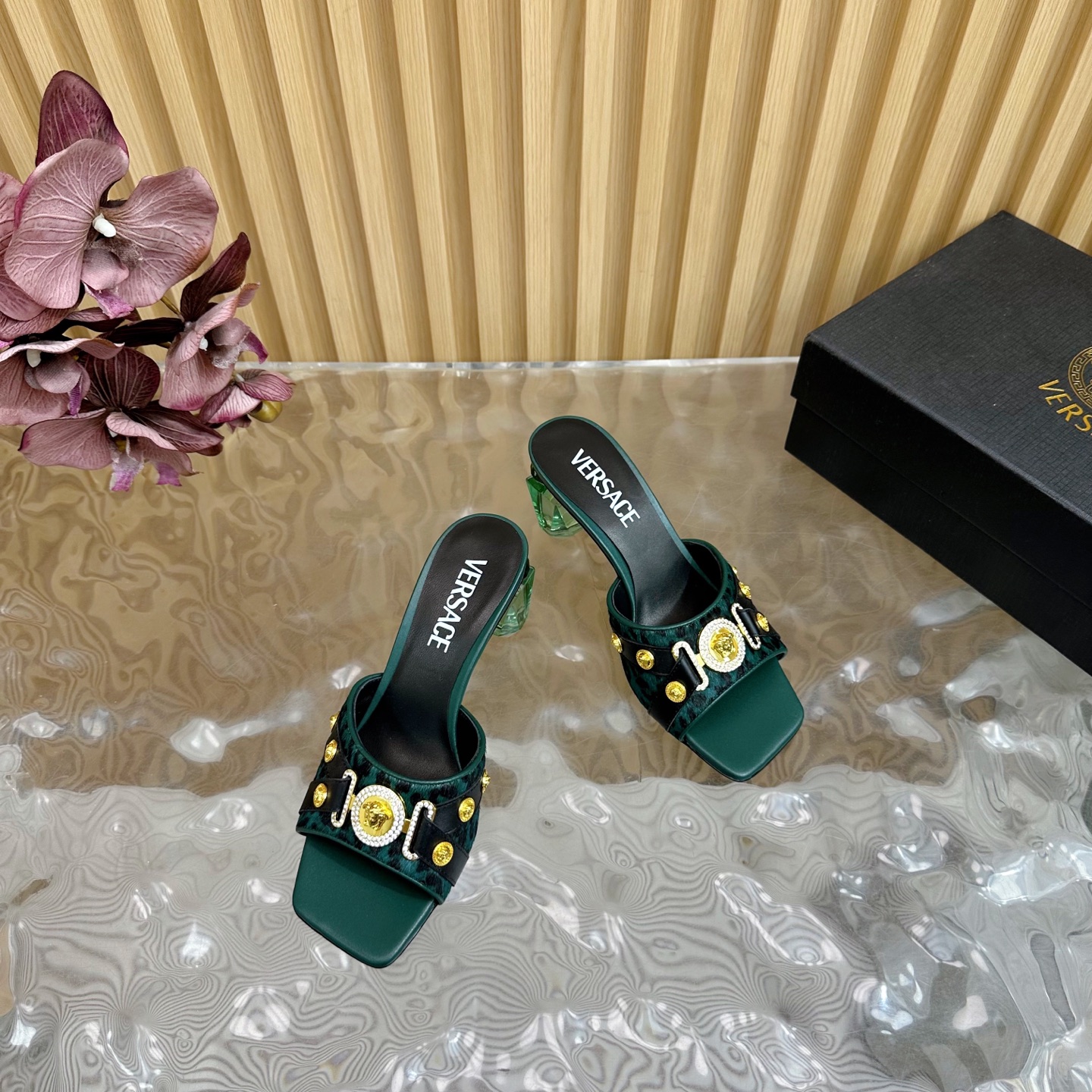Versace GIANNI RIBBON Crystal Heeled Sandals/Slippers, Green Leopard Print 7 i1742202227150 6286 0 5