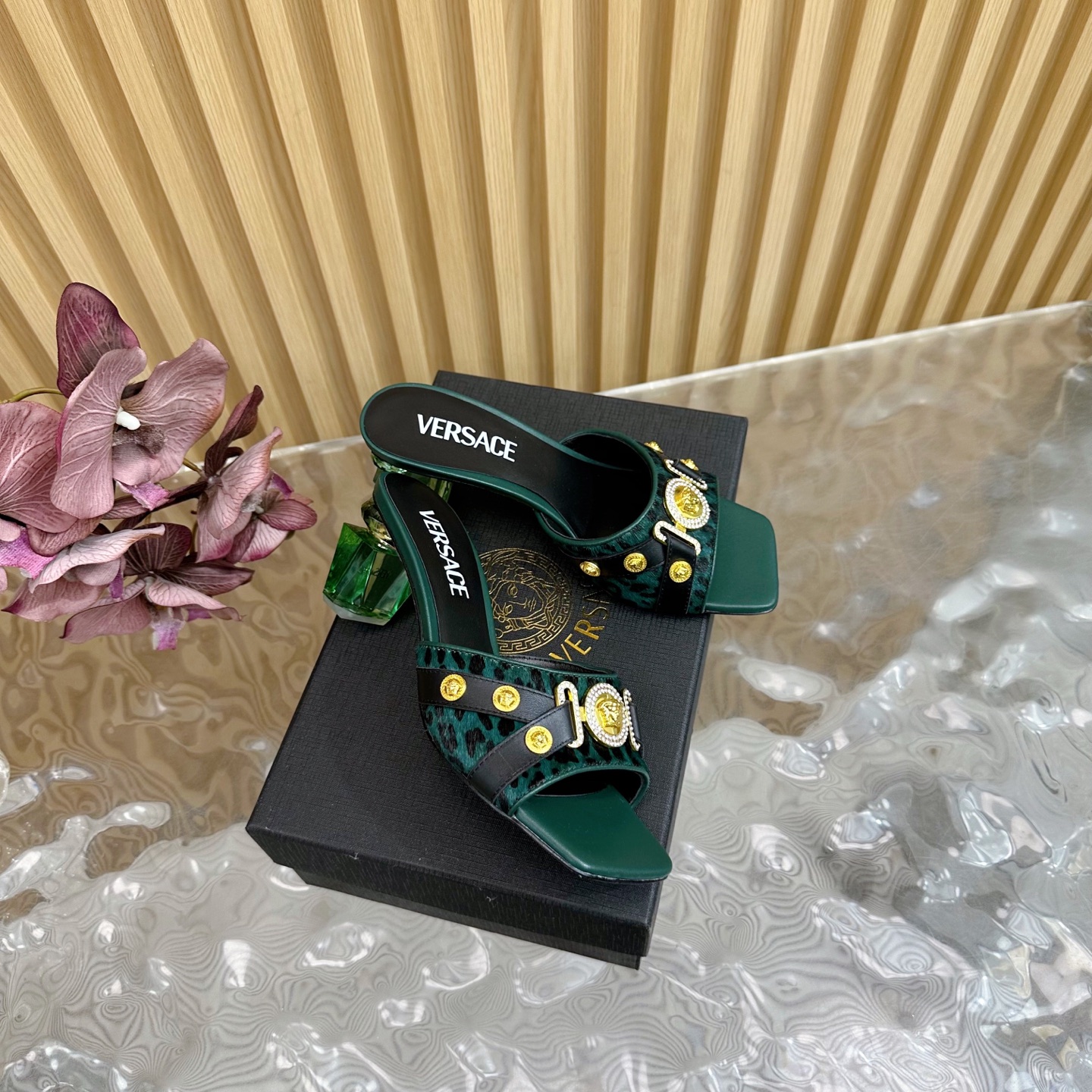 Versace GIANNI RIBBON Crystal Heeled Sandals/Slippers, Green Leopard Print 4 i1742202227160 682 0 2