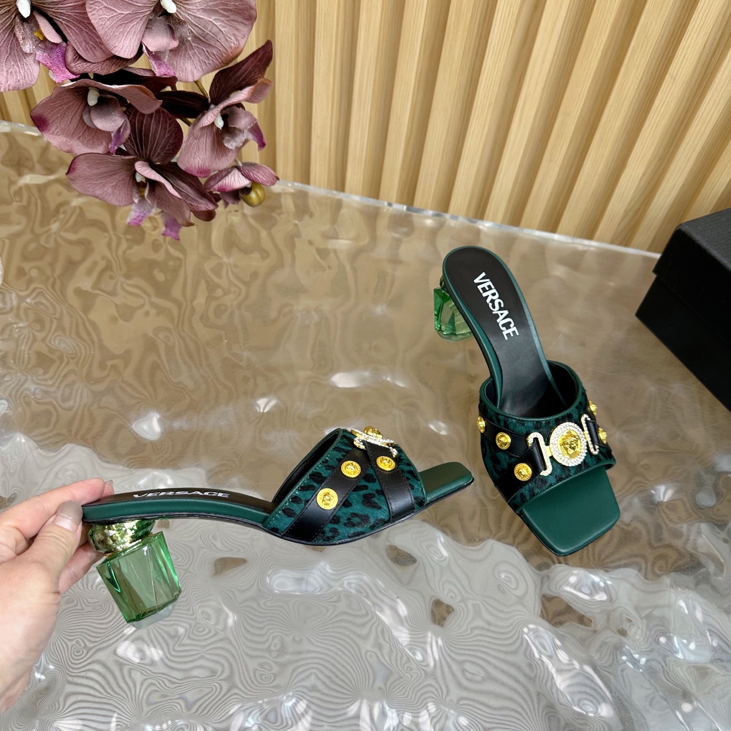 Versace GIANNI RIBBON Crystal Heeled Sandals/Slippers, Green Leopard Print 9 i1742202227170 7164 0 7