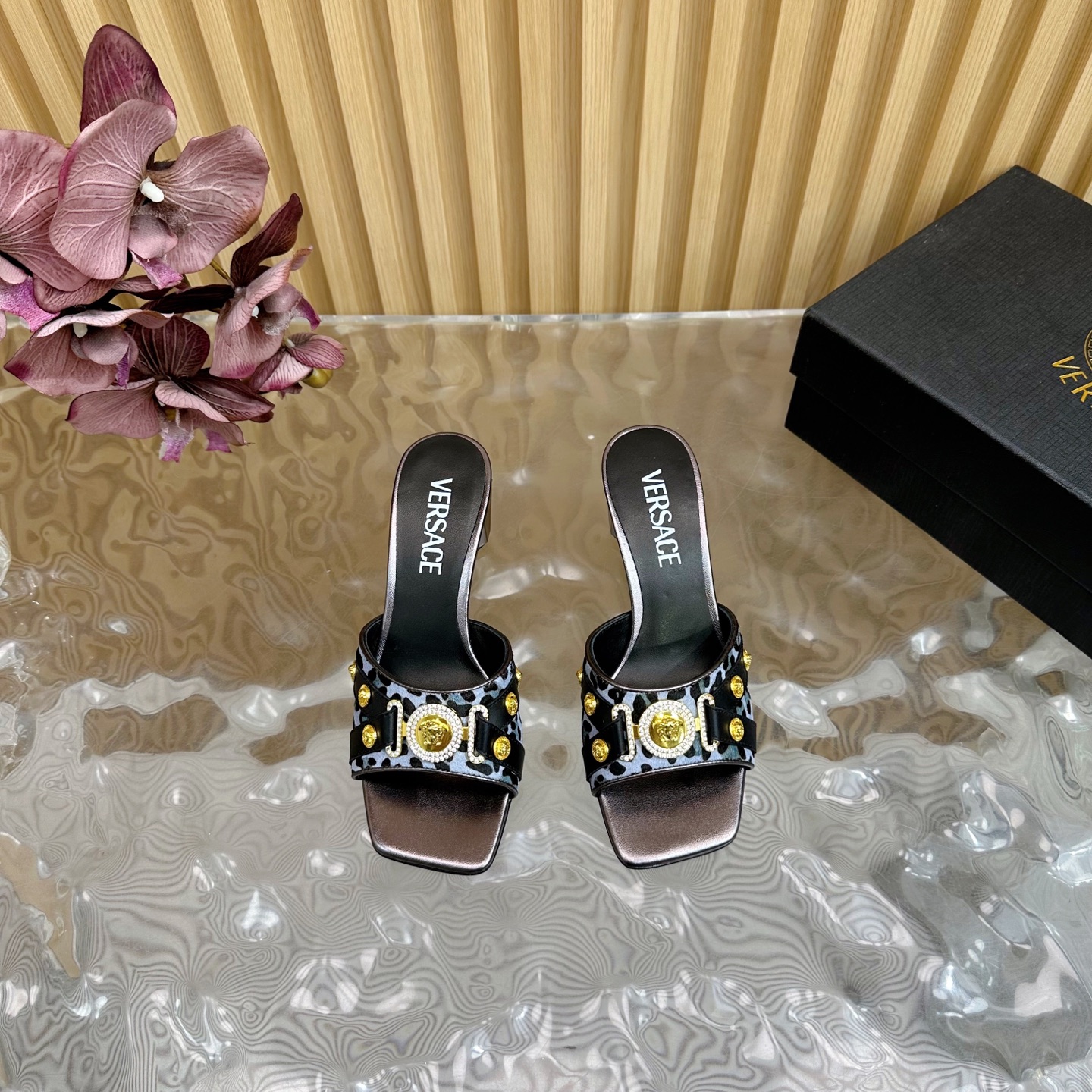 Versace Gianni Ribbon Crystal Heeled Sandals/Slides in Leopard Print 5 i1742202303423 7958 0 3