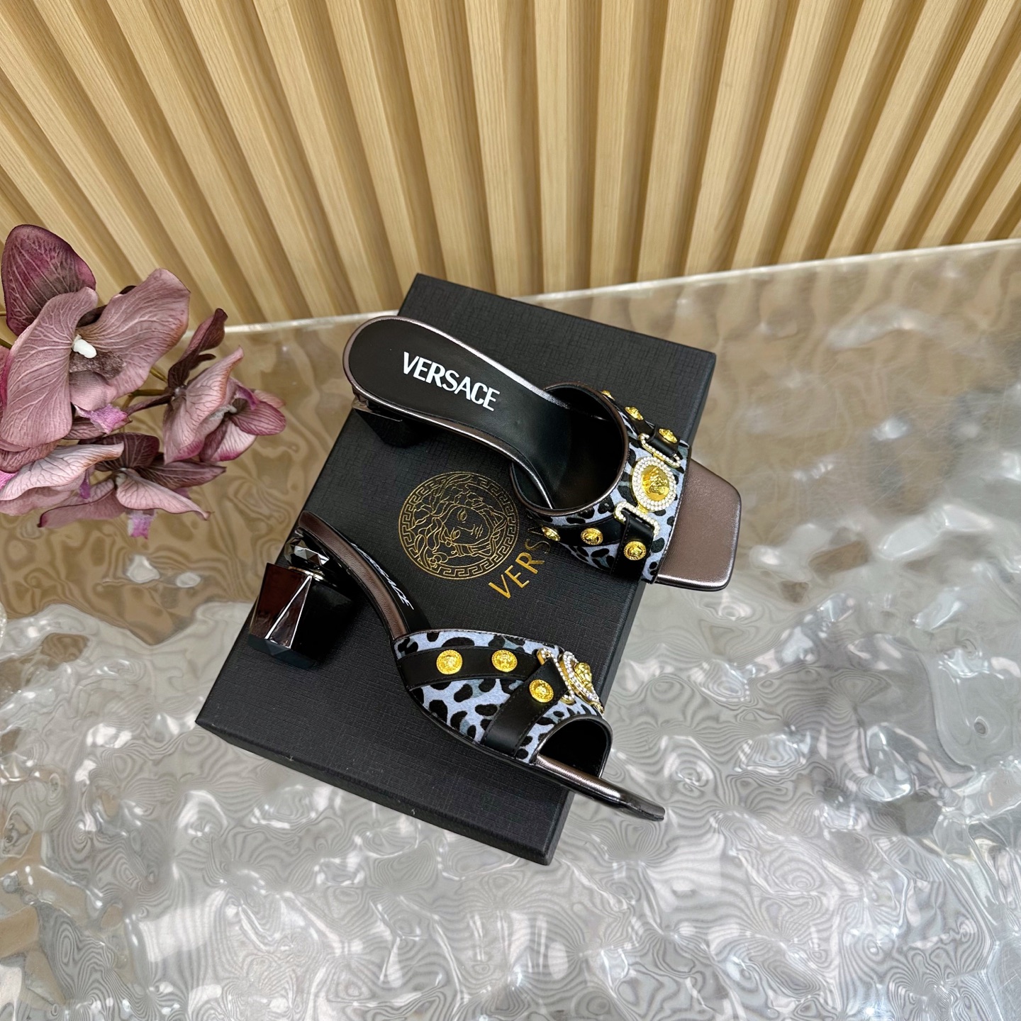 Versace Gianni Ribbon Crystal Heeled Sandals/Slides in Leopard Print 3 i1742202303427 8482 0 1