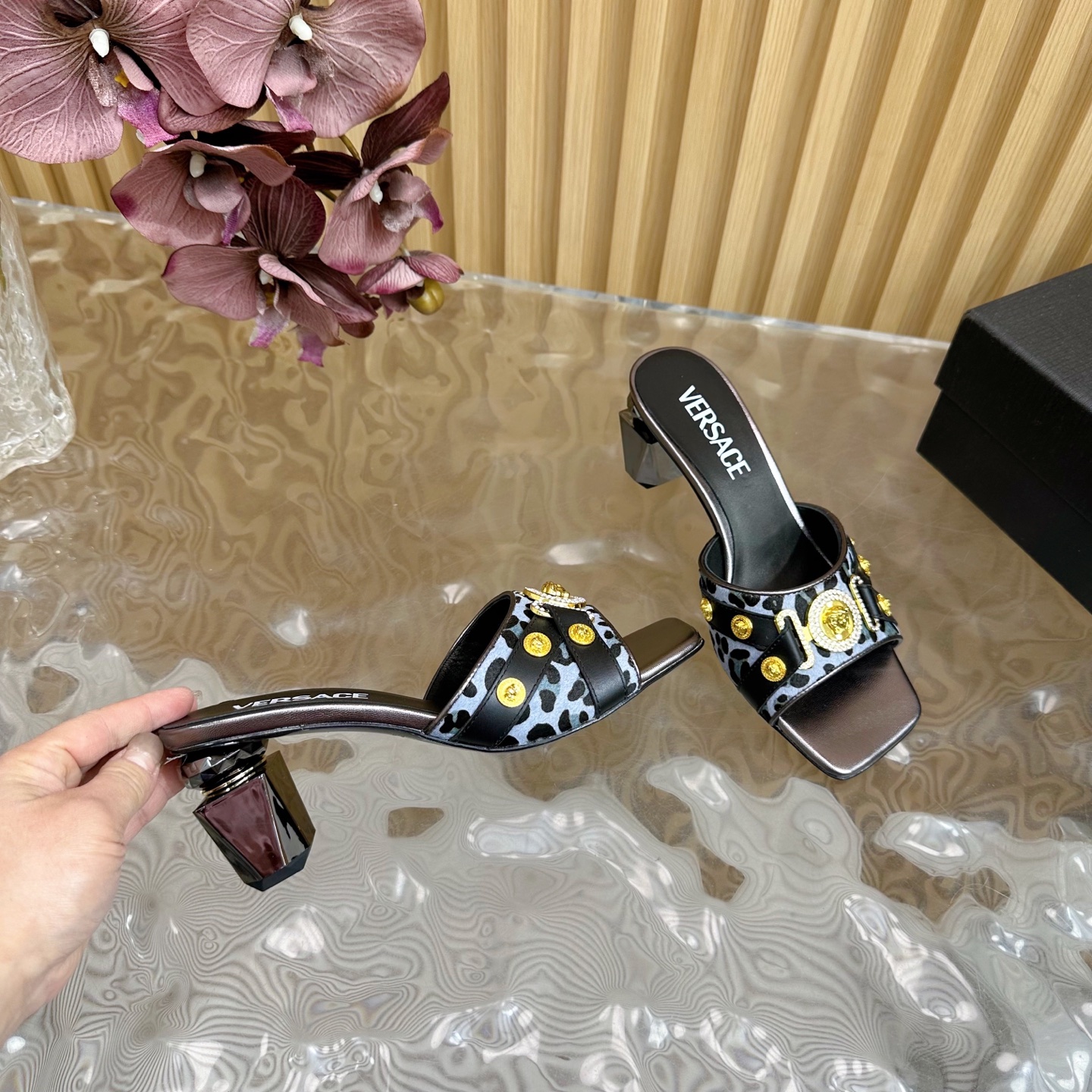 Versace Gianni Ribbon Crystal Heeled Sandals/Slides in Leopard Print 9 i1742202303434 8106 0 7