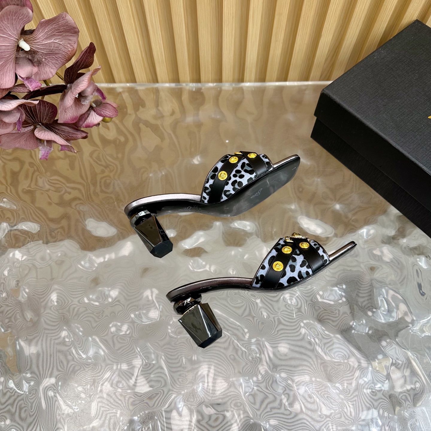 Versace Gianni Ribbon Crystal Heeled Sandals/Slides in Leopard Print 10 i1742202303472 6713 0 8