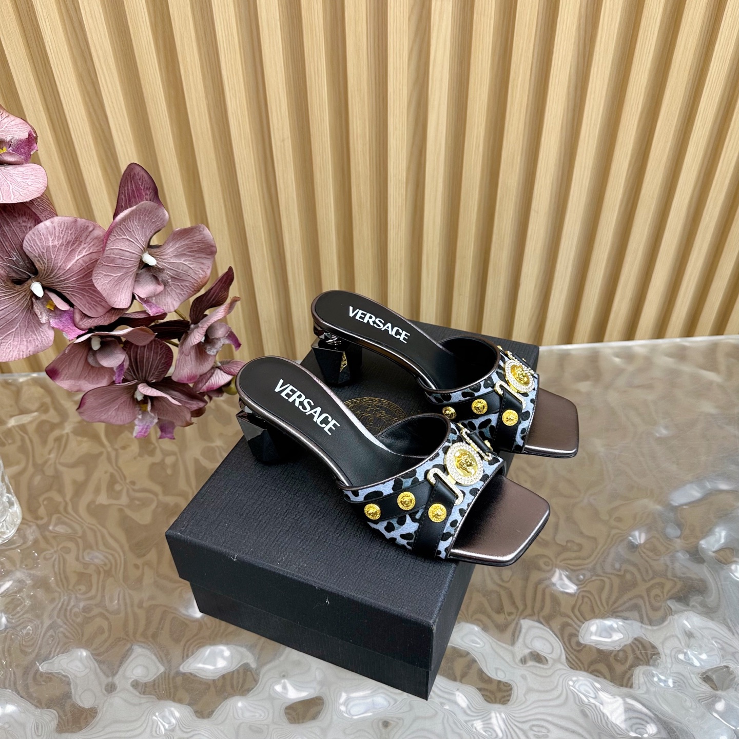 Versace Gianni Ribbon Crystal Heeled Sandals/Slides in Leopard Print