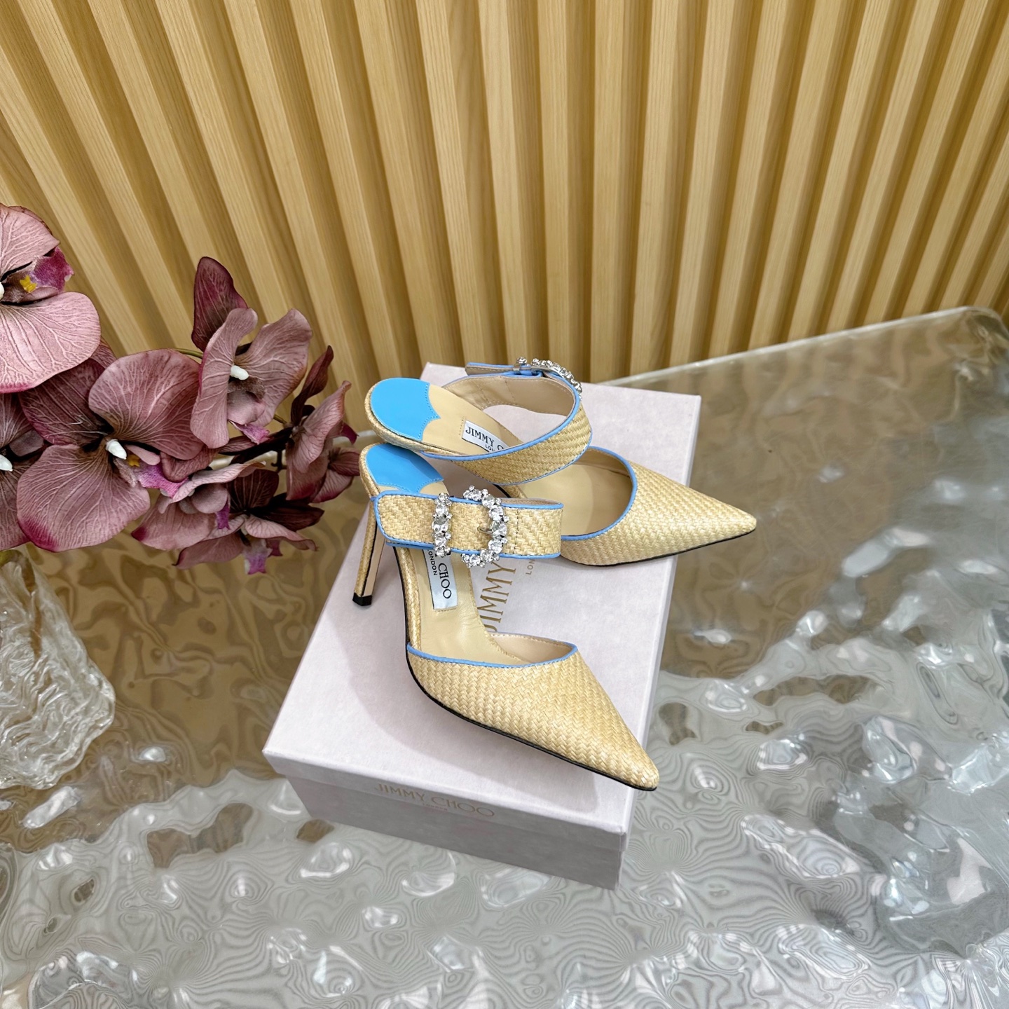 Jimmy Choo Woven Pointed Toe High Heel Mules with Crystal Embellishments