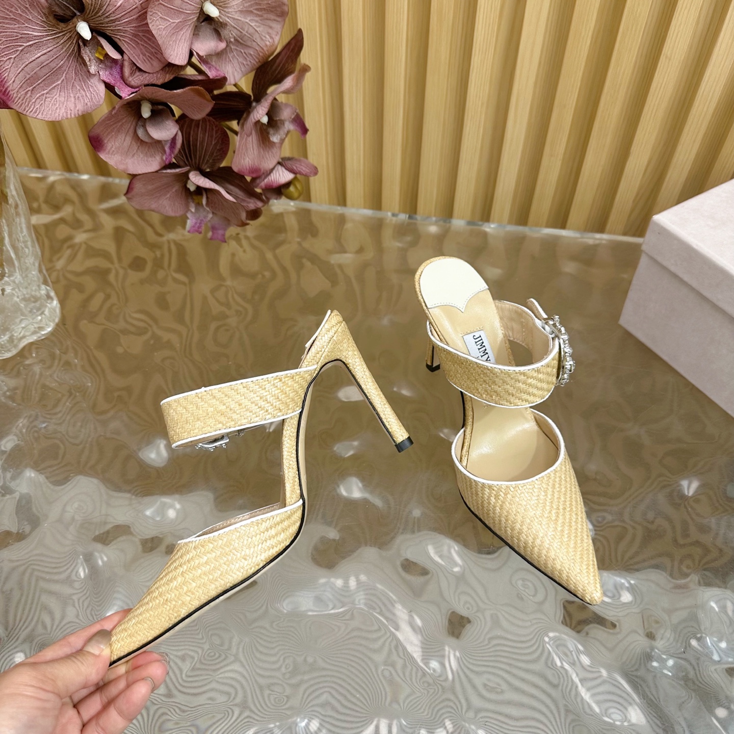 Jimmy Choo Woven Pointed-Toe High Heel Mules with Crystal Buckle 9 i1742418114981 5590 0 7