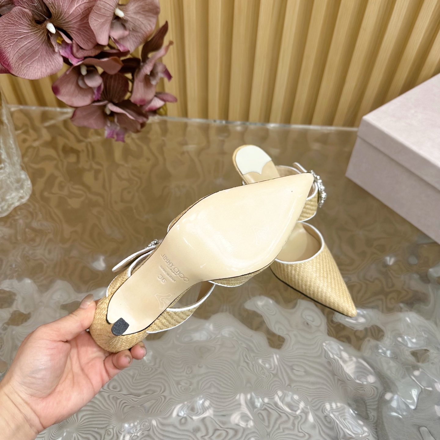 Jimmy Choo Woven Pointed-Toe High Heel Mules with Crystal Buckle 13 i1742418116970 829 0 11