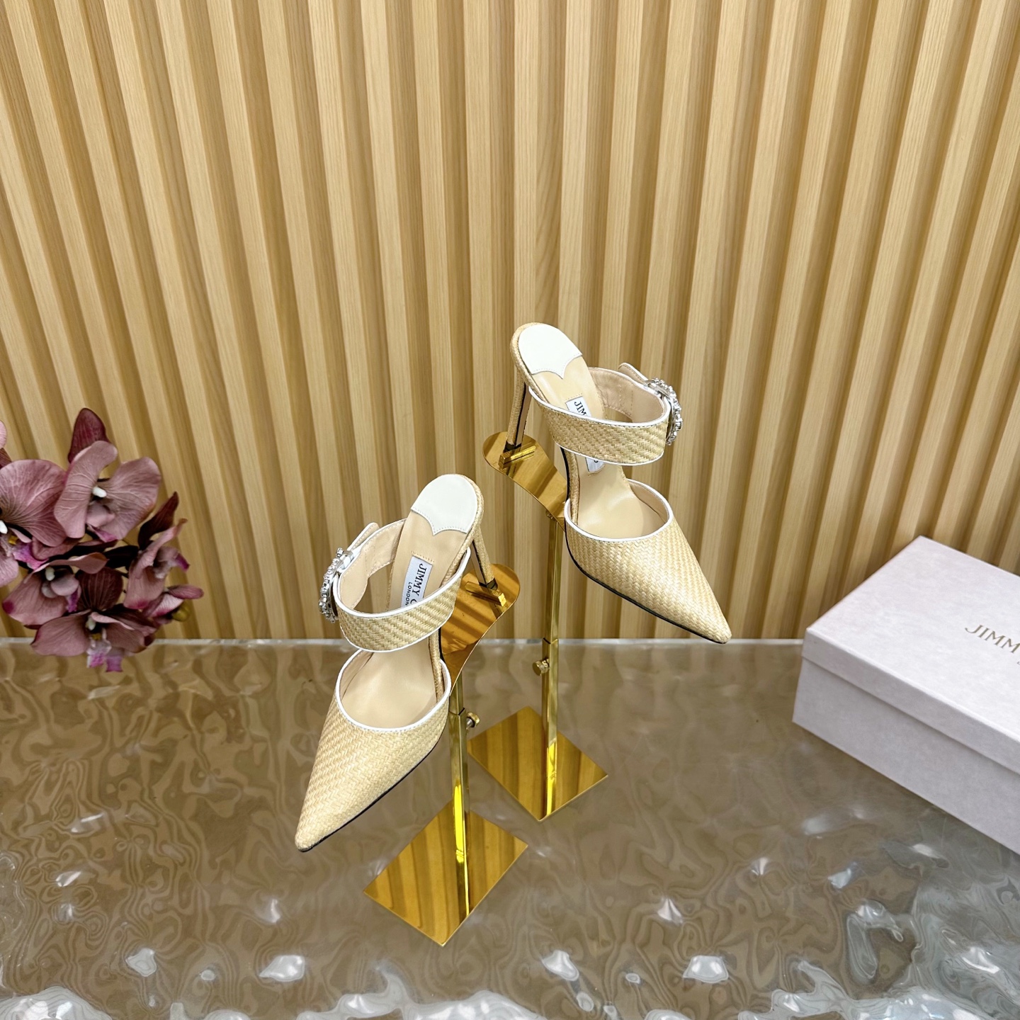 Jimmy Choo Woven Pointed-Toe High Heel Mules with Crystal Buckle 3 i1742418119308 4970 0 0