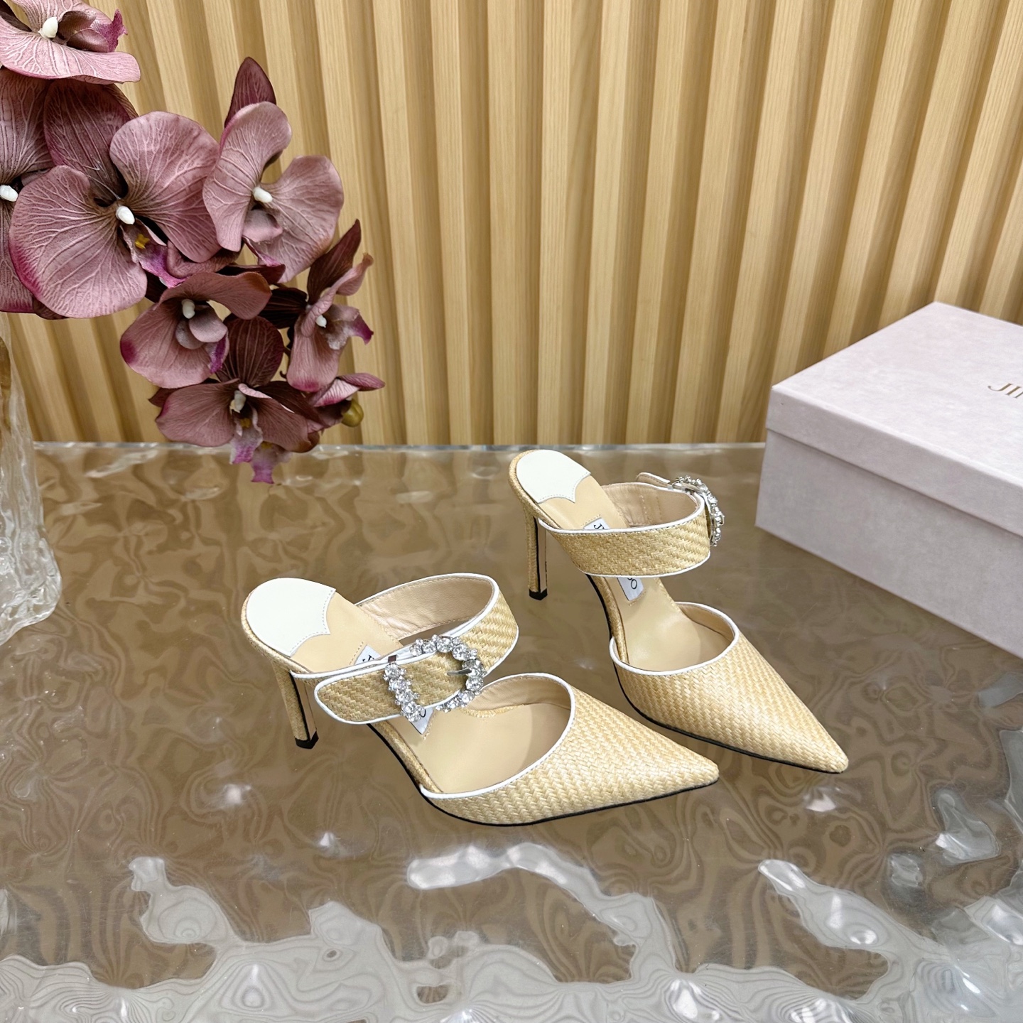 Jimmy Choo Woven Pointed-Toe High Heel Mules with Crystal Buckle 12 i1742418119312 6050 0 10