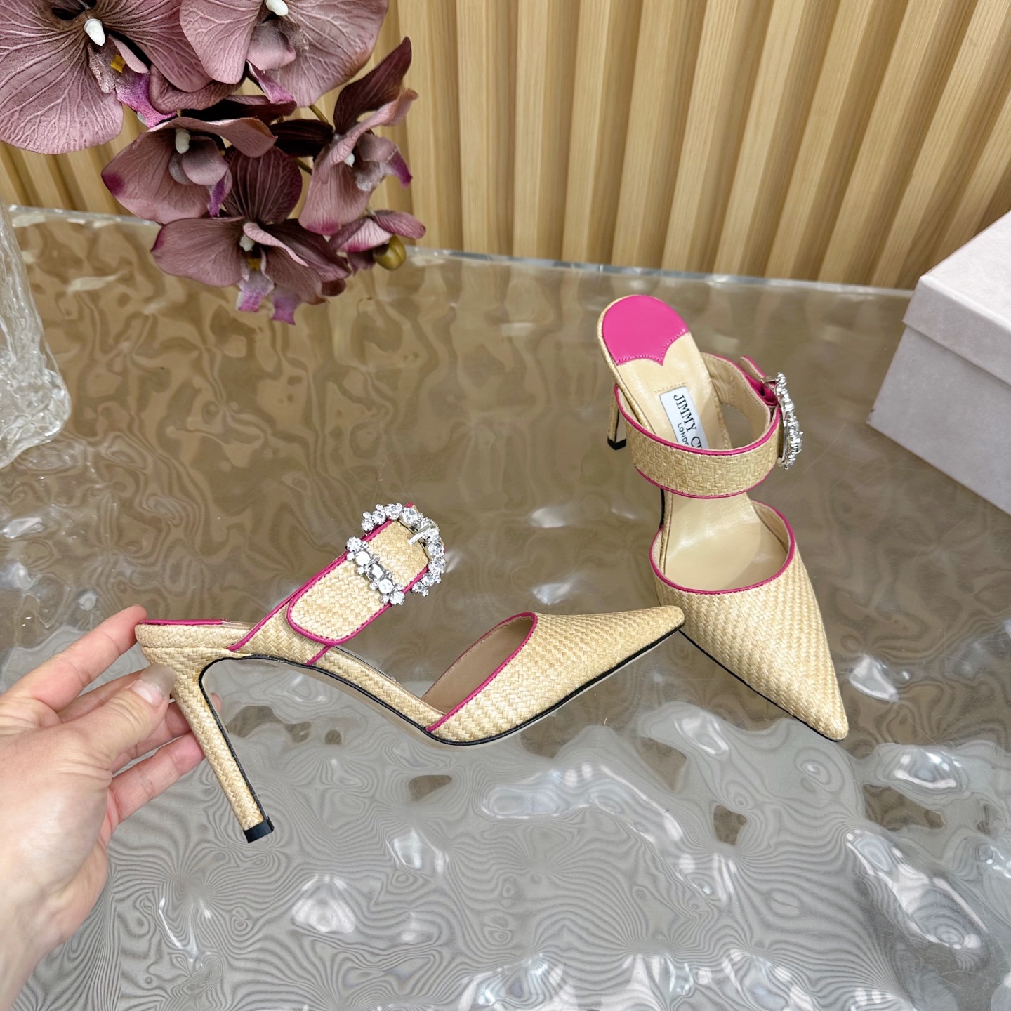 Jimmy Choo Woven Pointed Toe High Heel Sandals, Crystal Buckle Straps 9 i1742418299901 6396 0 7