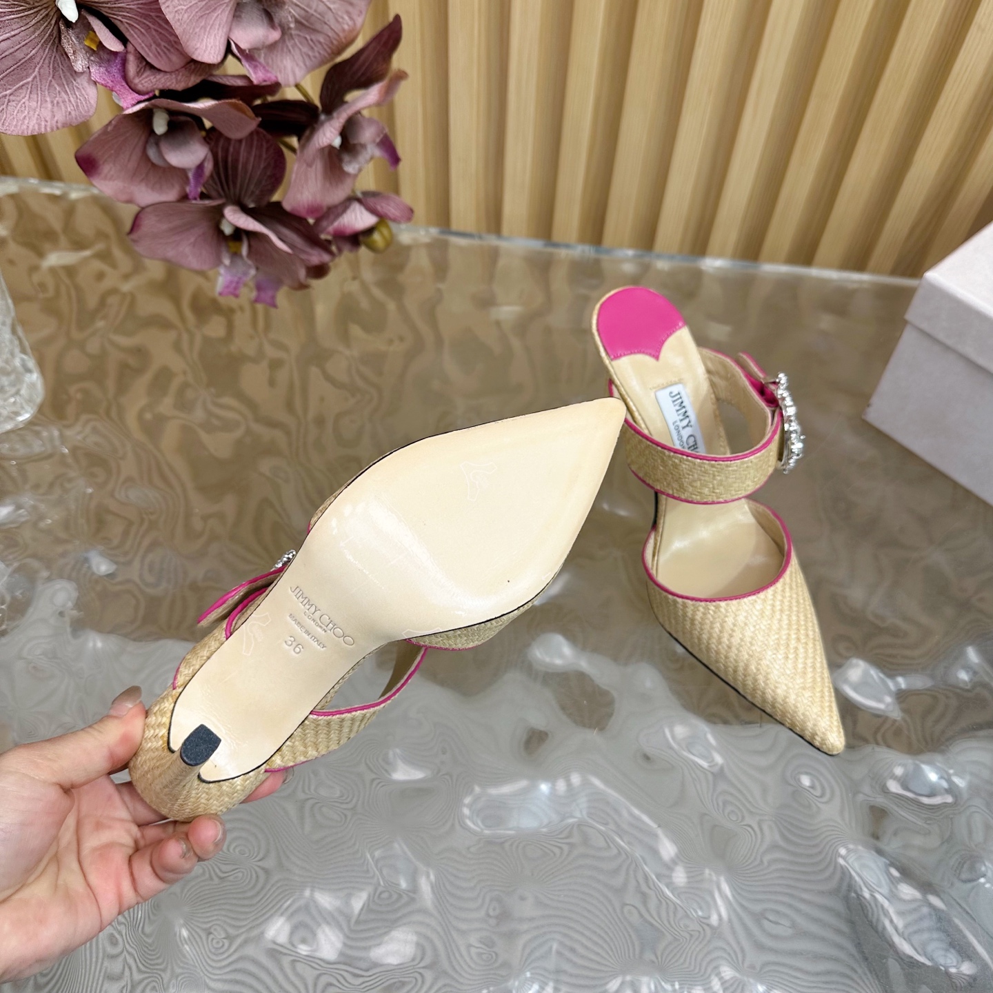 Jimmy Choo Woven Pointed Toe High Heel Sandals, Crystal Buckle Straps 13 i1742418303266 2195 0 11