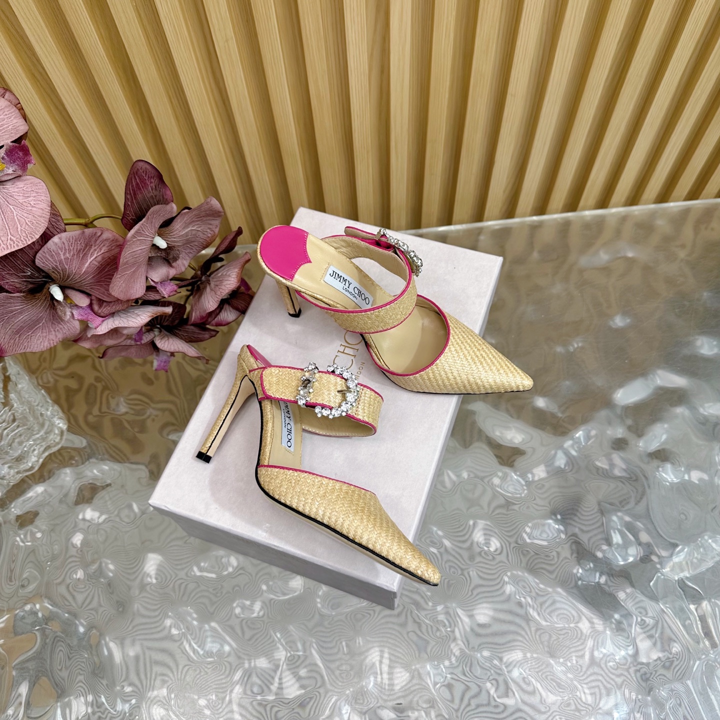 Jimmy Choo Woven Pointed Toe High Heel Sandals, Crystal Buckle Straps 5 i1742418303301 3800 0 2