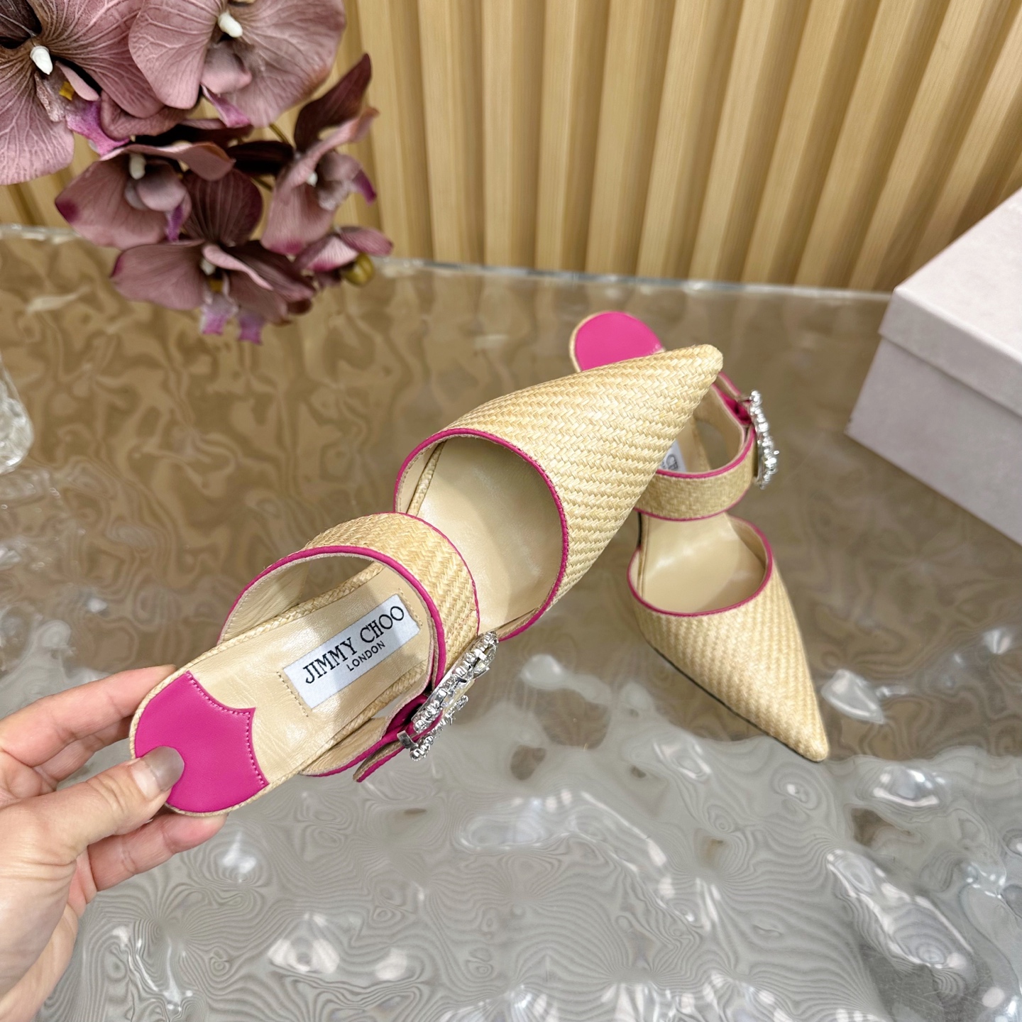 Jimmy Choo Woven Pointed Toe High Heel Sandals, Crystal Buckle Straps 10 i1742418306042 7149 0 8