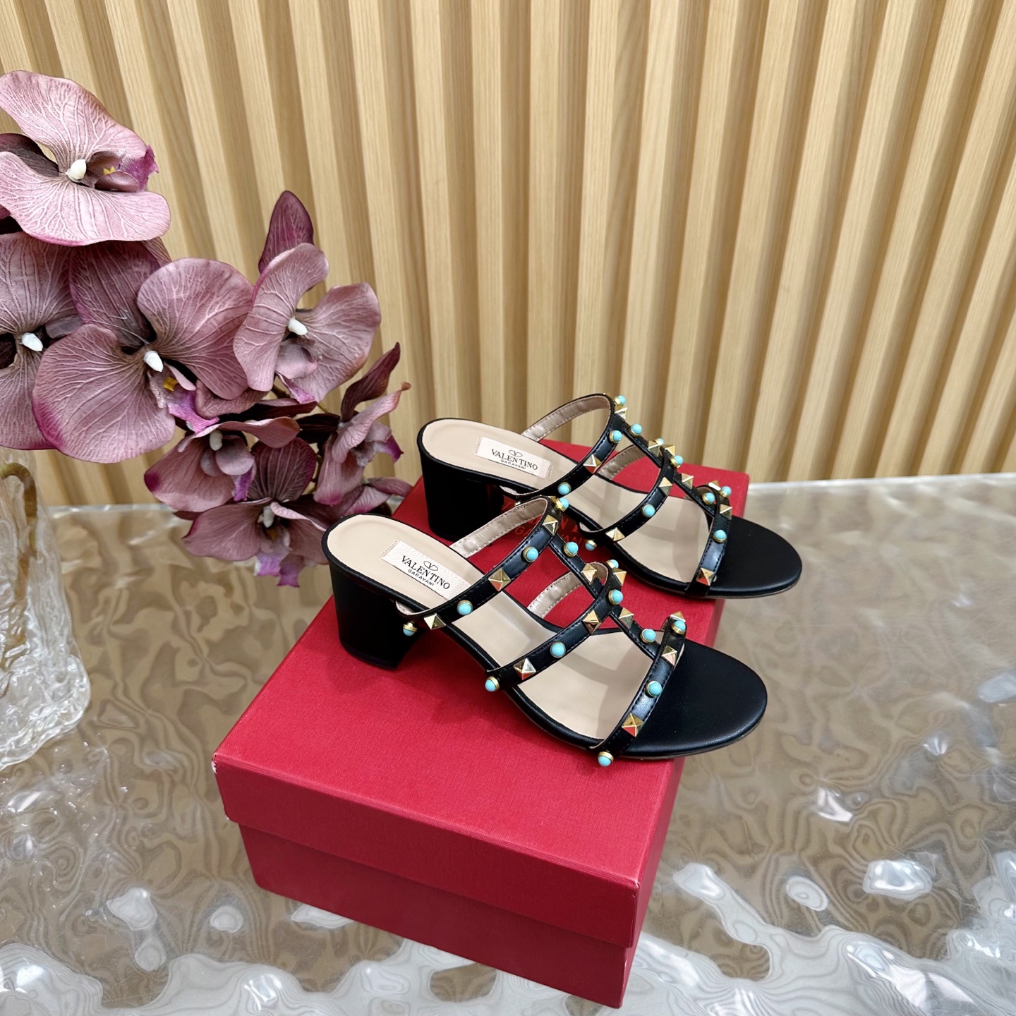 Valentino Rockstud Turquoise Embellished Leather Heeled Sandals