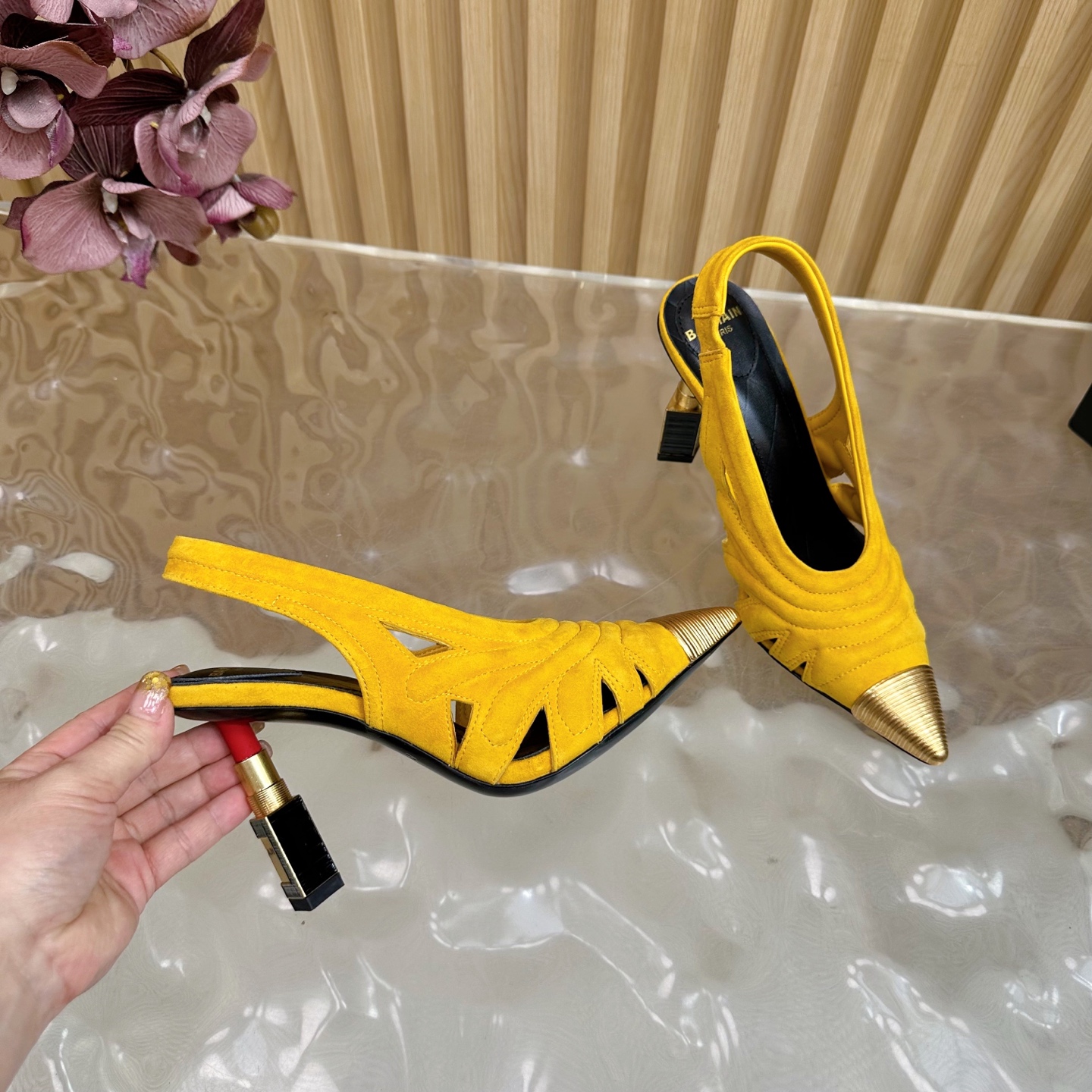 Balmain Women's Slingback Heels - Yellow Suede with Lipstick Heel Detail 10 i1755952113009 350 0 8