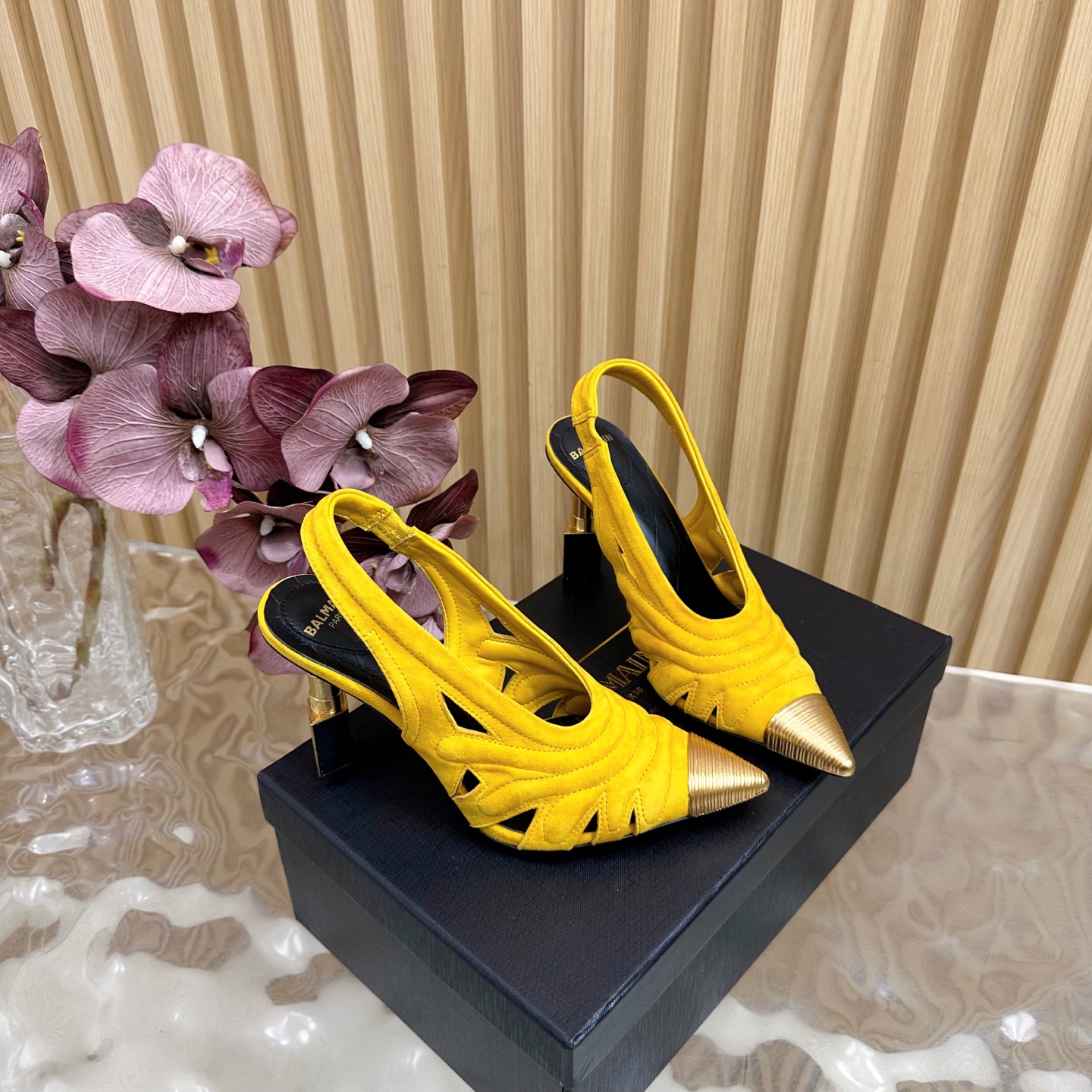 Balmain Women's Slingback Heels - Yellow Suede with Lipstick Heel Detail 5 i1755952113069 6331 0 3