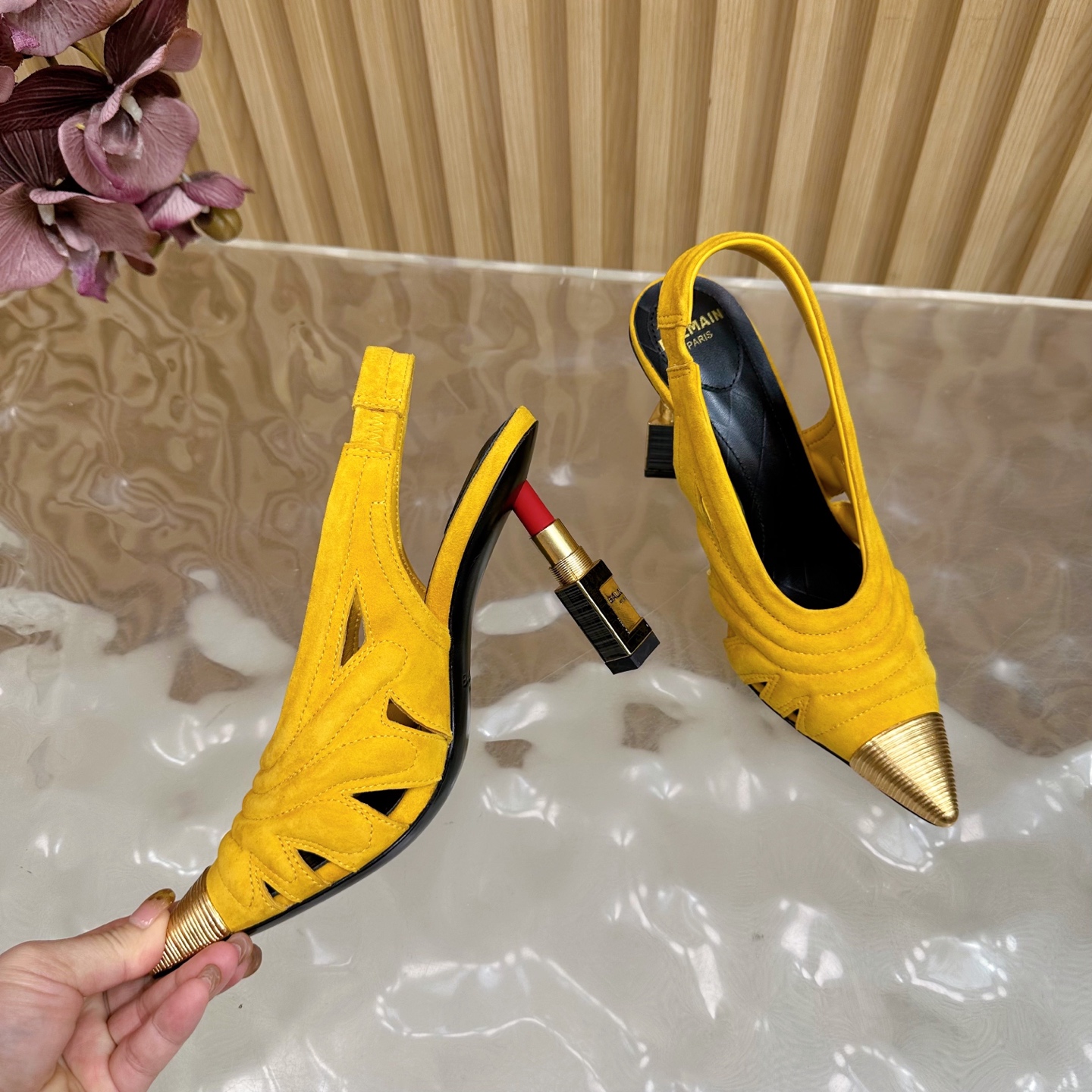 Balmain Women's Slingback Heels - Yellow Suede with Lipstick Heel Detail 9 i1755952114143 3199 0 6