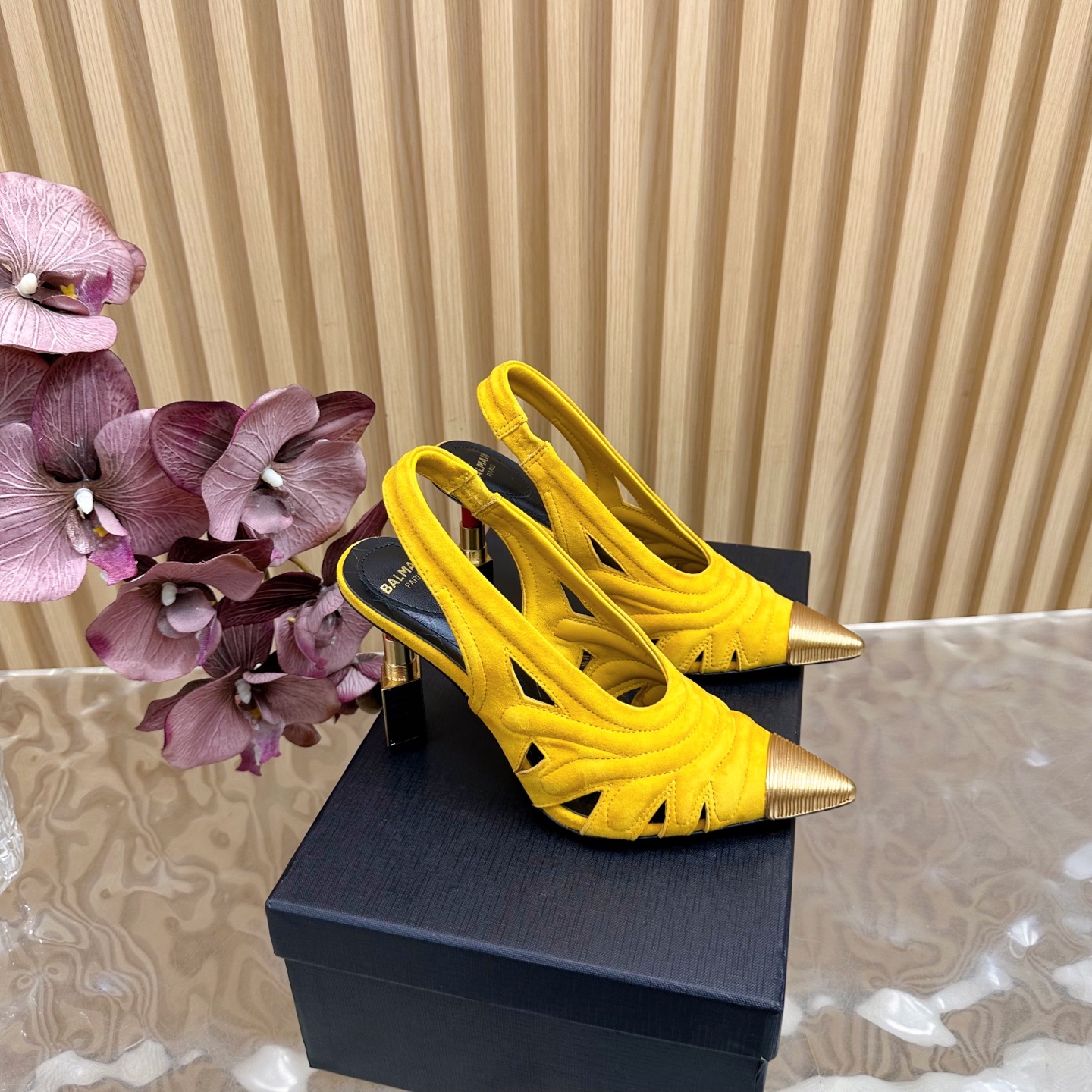 Balmain Women's Slingback Heels - Yellow Suede with Lipstick Heel Detail 2 i1755952114171 5008 0 0