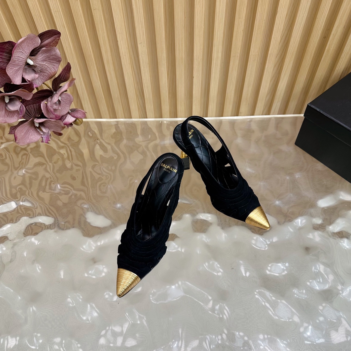 Balmain Women's Slingback Heels with Lipstick Heel, Black Suede, Gold Accents 6 i1755952497178 3825 0 4
