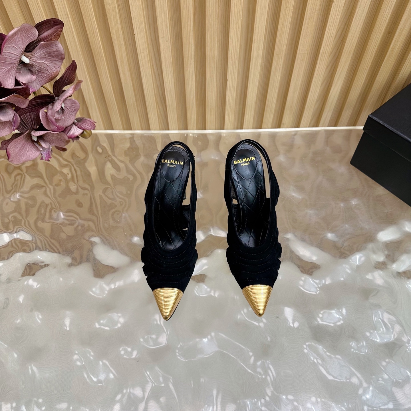 Balmain Women's Slingback Heels with Lipstick Heel, Black Suede, Gold Accents 5 i1755952497185 4290 0 3