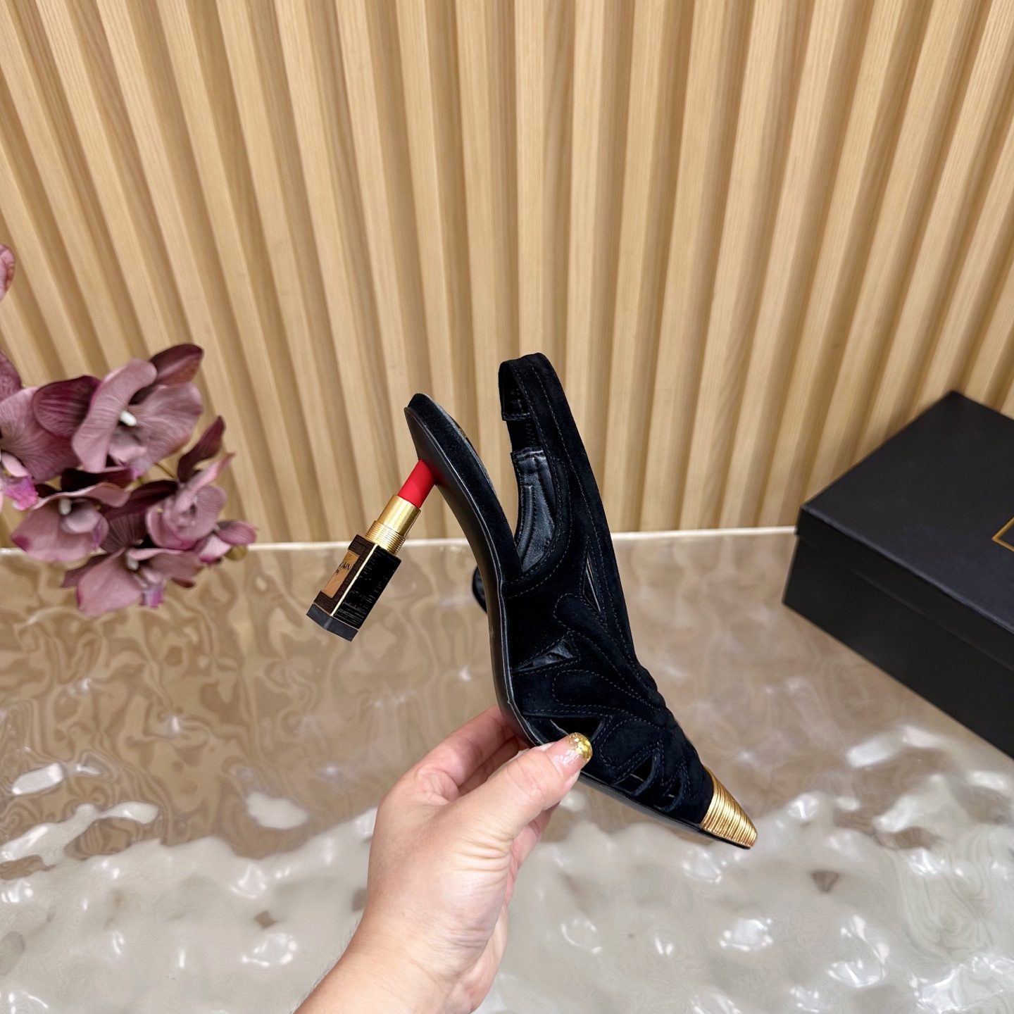 Balmain Women's Slingback Heels with Lipstick Heel, Black Suede, Gold Accents 7 i1755952497193 7725 0 5
