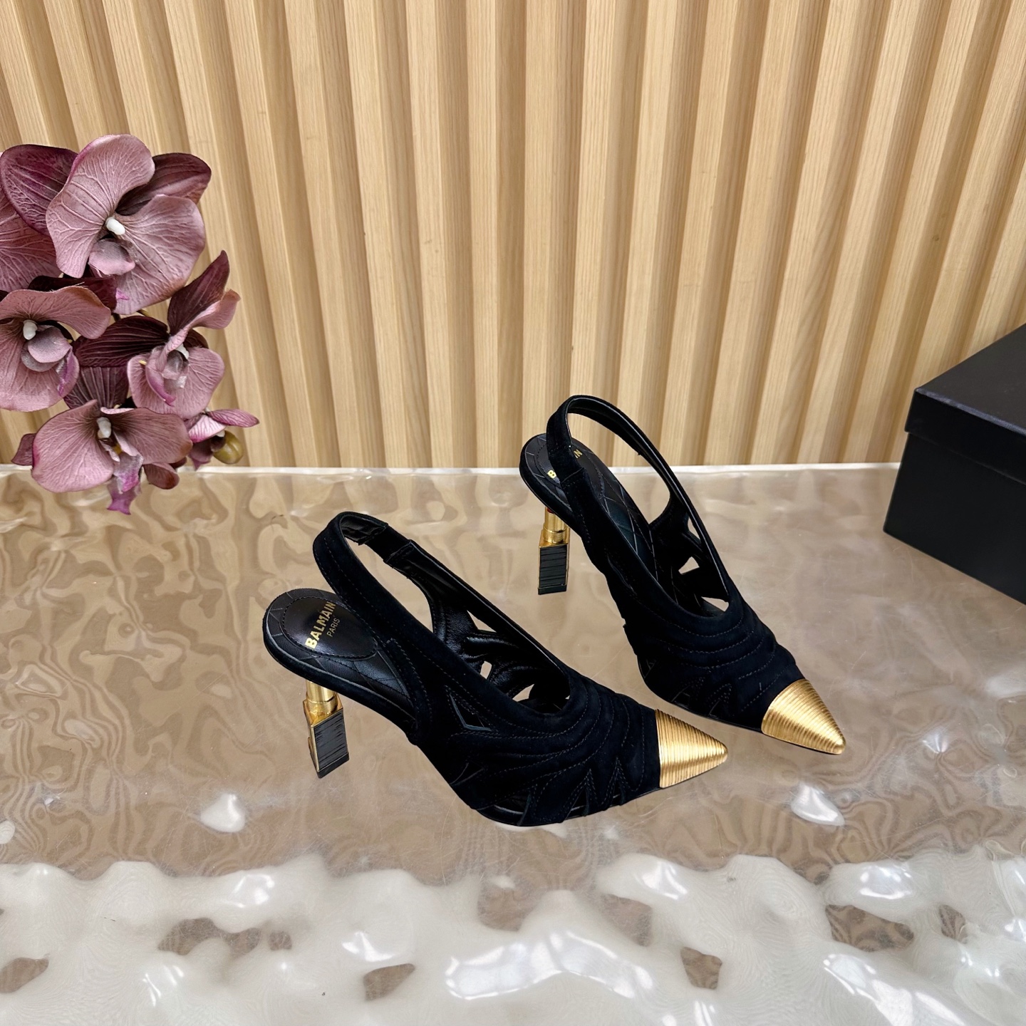 Balmain Women's Slingback Heels with Lipstick Heel, Black Suede, Gold Accents 13 i1755952497199 9943 0 11