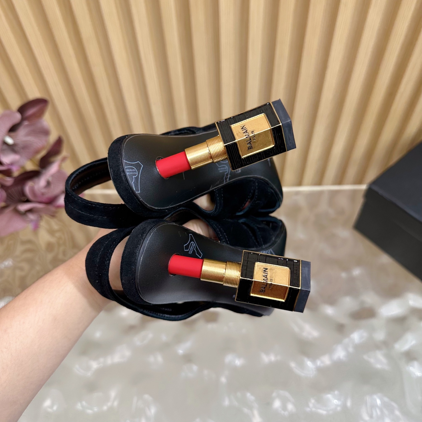 Balmain Women's Slingback Heels with Lipstick Heel, Black Suede, Gold Accents 10 i1755952497204 5176 0 8
