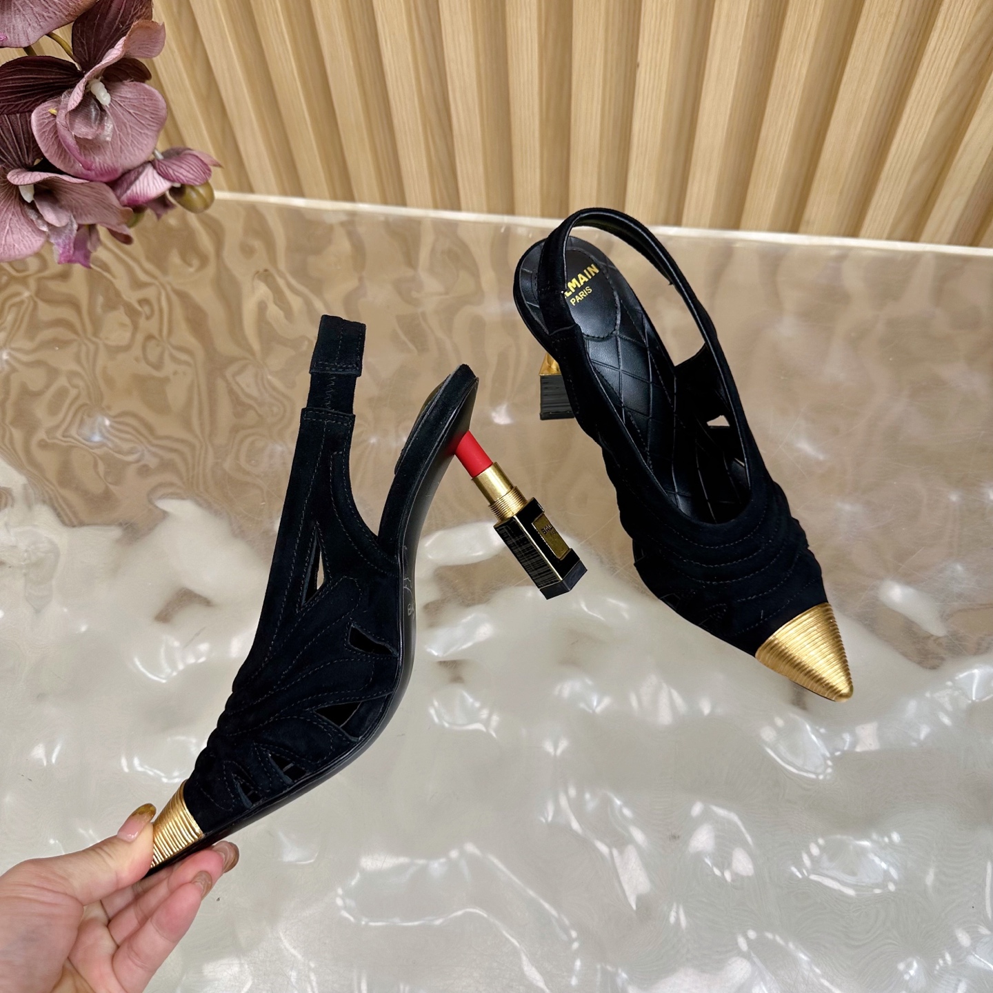 Balmain Women's Slingback Heels with Lipstick Heel, Black Suede, Gold Accents 9 i1755952498248 1678 0 7