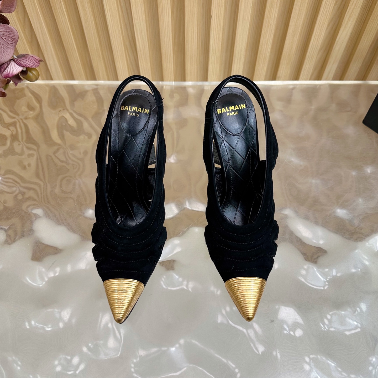 Balmain Women's Slingback Heels with Lipstick Heel, Black Suede, Gold Accents 8 i1755952498265 6080 0 6