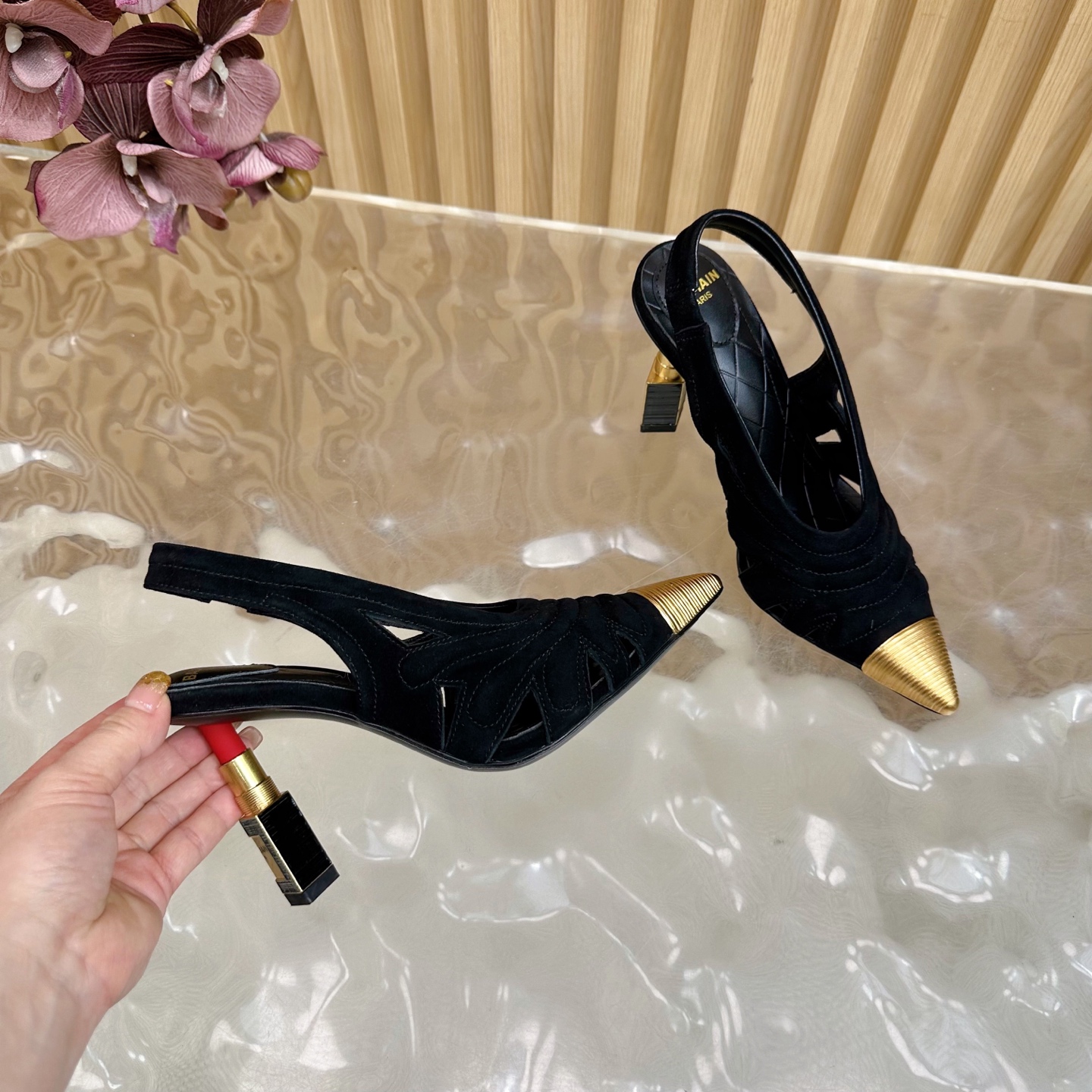 Balmain Women's Slingback Heels with Lipstick Heel, Black Suede, Gold Accents 12 i1755952498274 2909 0 10