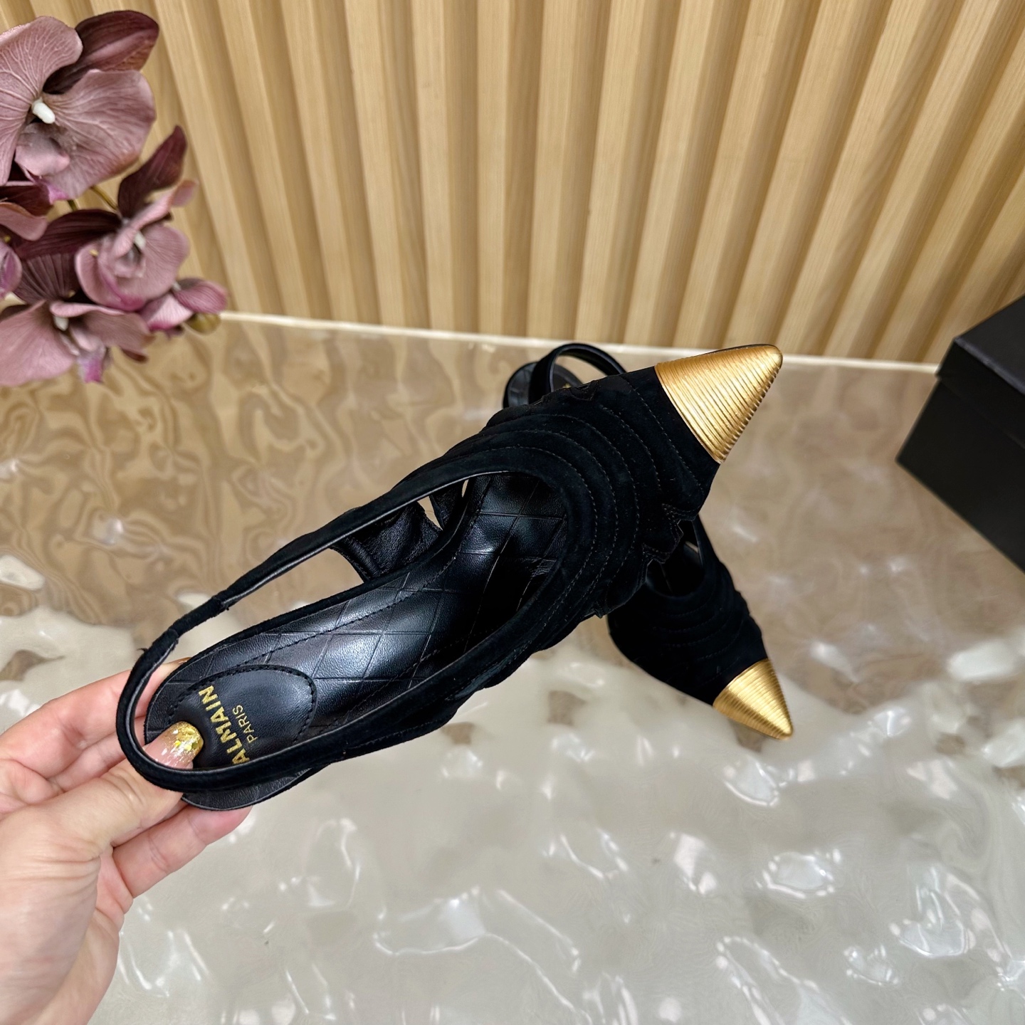 Balmain Women's Slingback Heels with Lipstick Heel, Black Suede, Gold Accents 11 i1755952498277 3732 0 9