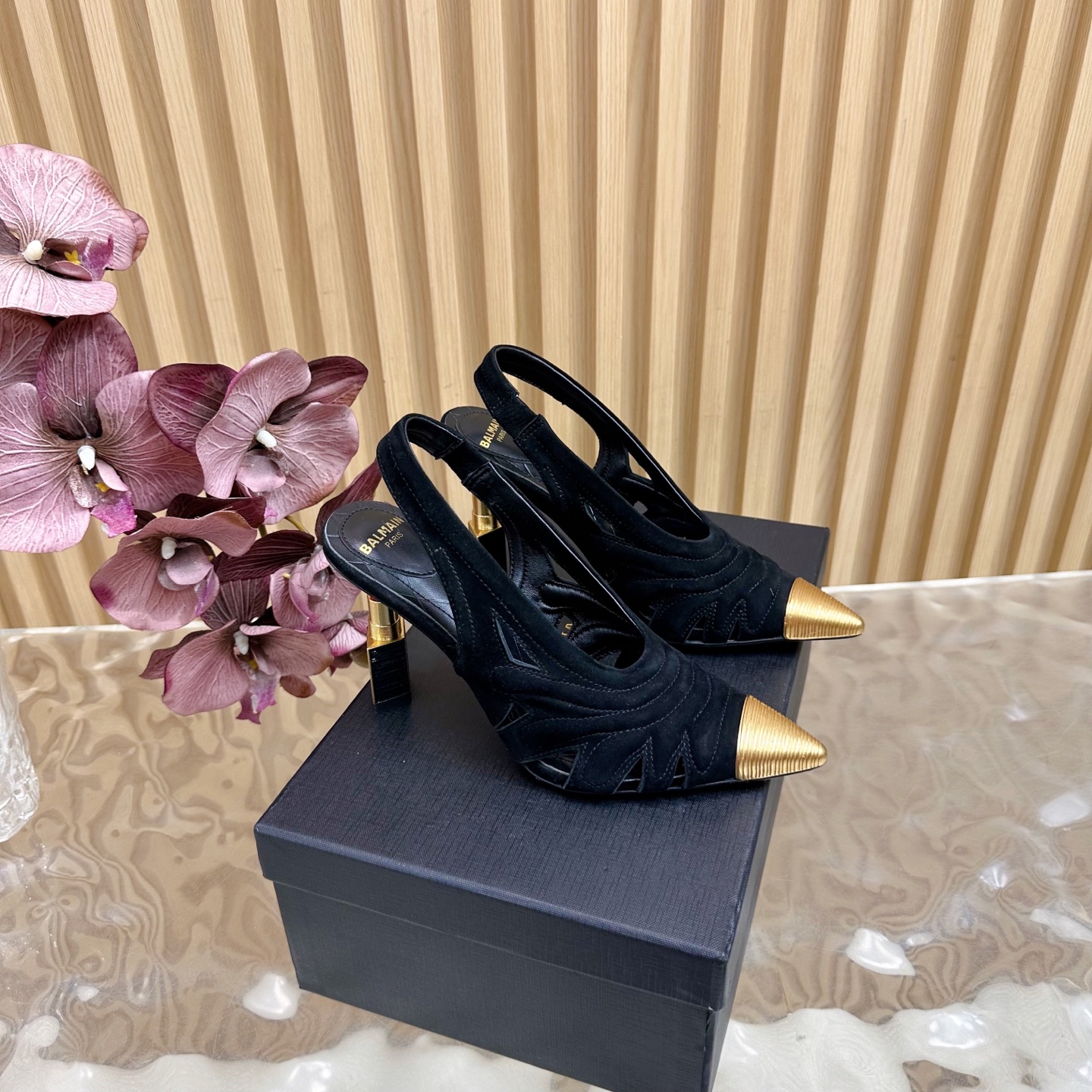 Balmain Women's Slingback Heels with Lipstick Heel, Black Suede, Gold Accents 2 i1755952498297 7118 0 0