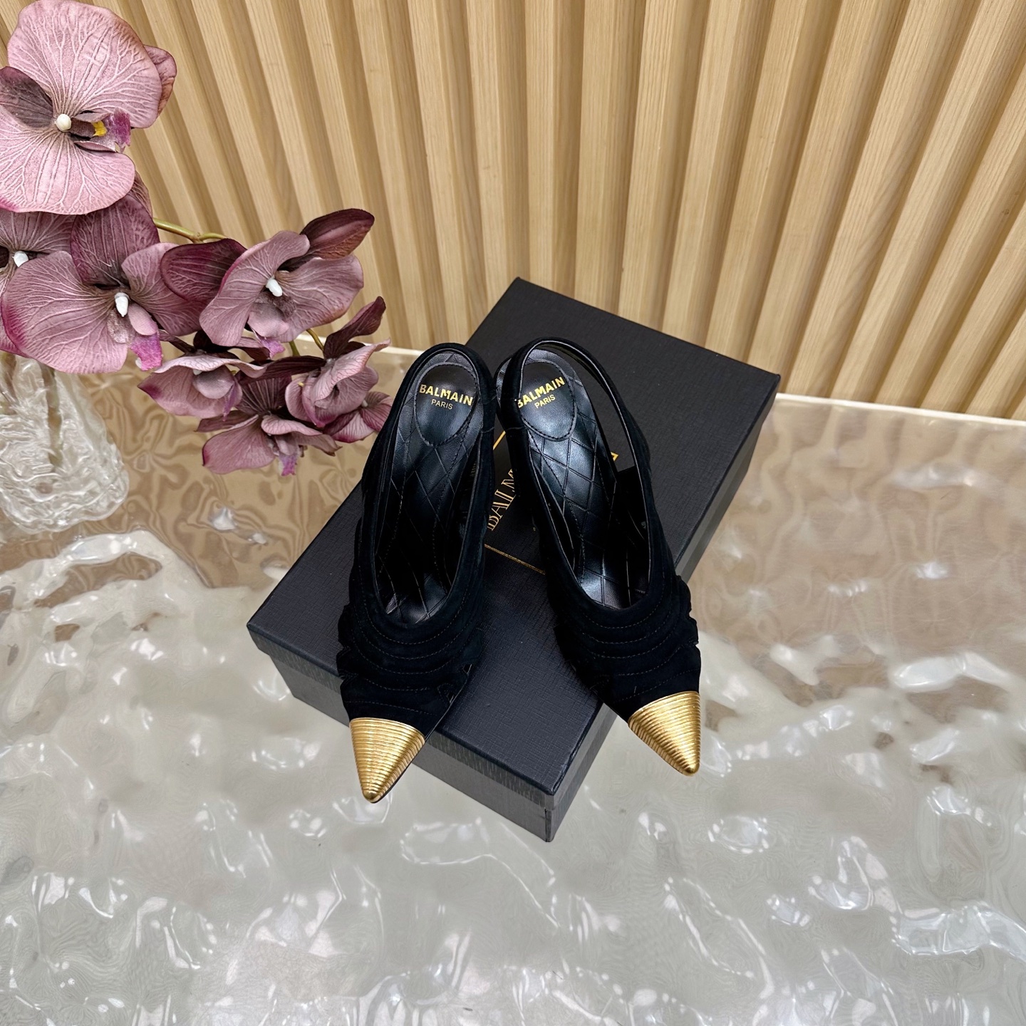 Balmain Women's Slingback Heels with Lipstick Heel, Black Suede, Gold Accents 4 i1755952498881 9537 0 2