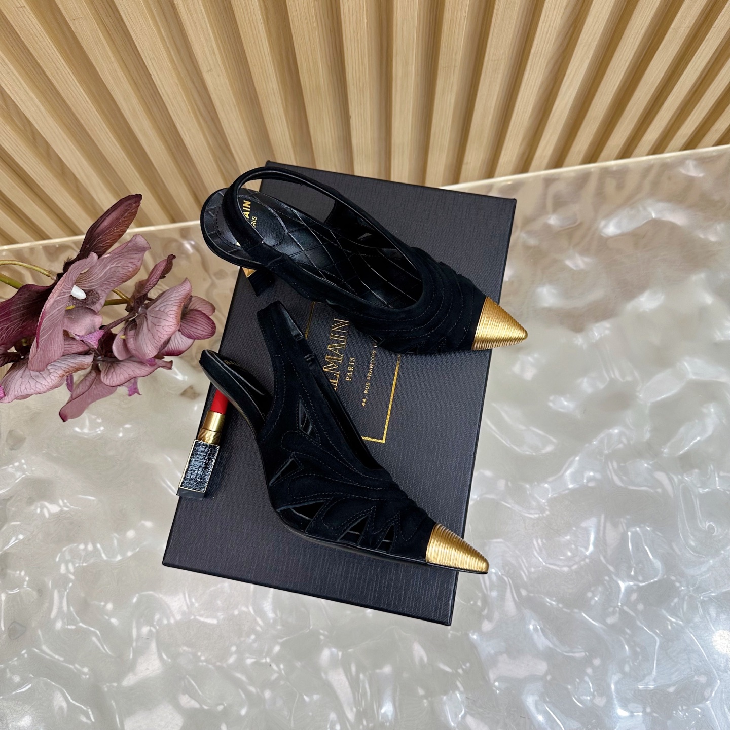 Balmain Women's Slingback Heels with Lipstick Heel, Black Suede, Gold Accents 3 i1755952498884 553 0 1