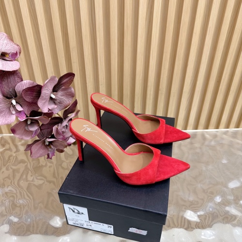 Giuseppe Zanotti Women's Red Suede Pointed-Toe High Heel Mules Slides 1 Giuseppe Zanotti Women's Red Suede Pointed-Toe High Heel Mules Slides