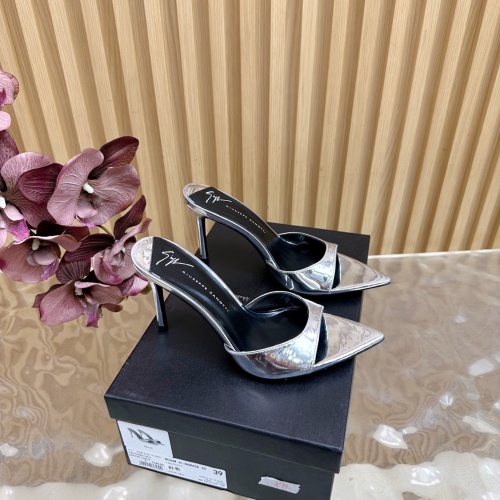 Giuseppe Zanotti Silver Metallic Leather Pointed Toe Mules Heels 1 Giuseppe Zanotti Silver Metallic Leather Pointed Toe Mules Heels