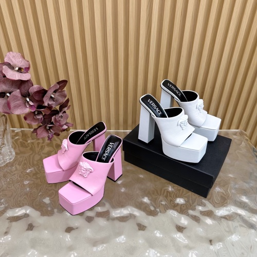 Versace Platform Mules: Stylish Women's Heeled Sandals in White and Pink 1 Versace Platform Mules: Stylish Women's Heeled Sandals in White and Pink