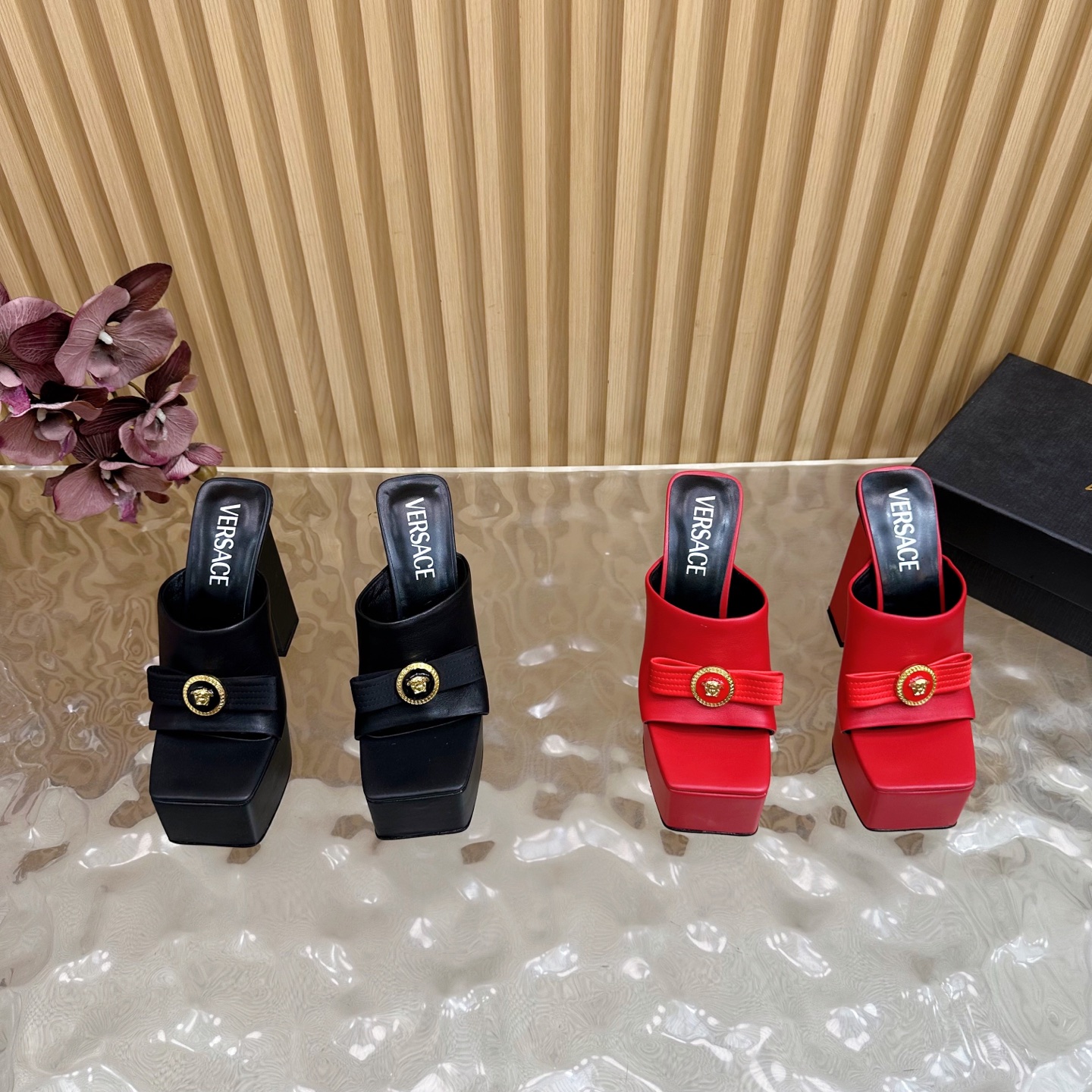 Versace Women's Medusa Platform Heeled Mules - Black and Red Leather