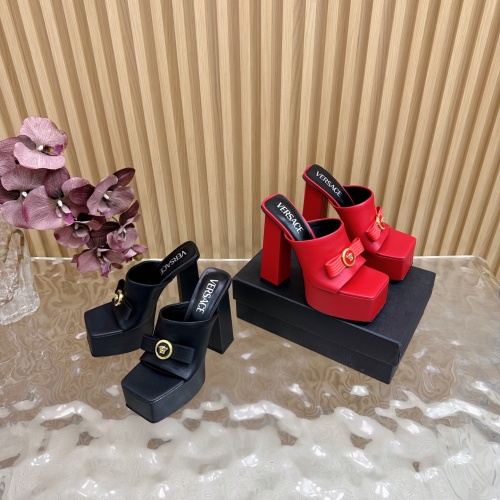 Versace Platform Heeled Sandals Mules Women, Leather, Square Toe, High Heel 1 Versace Platform Heeled Sandals Mules Women, Leather, Square Toe, High Heel