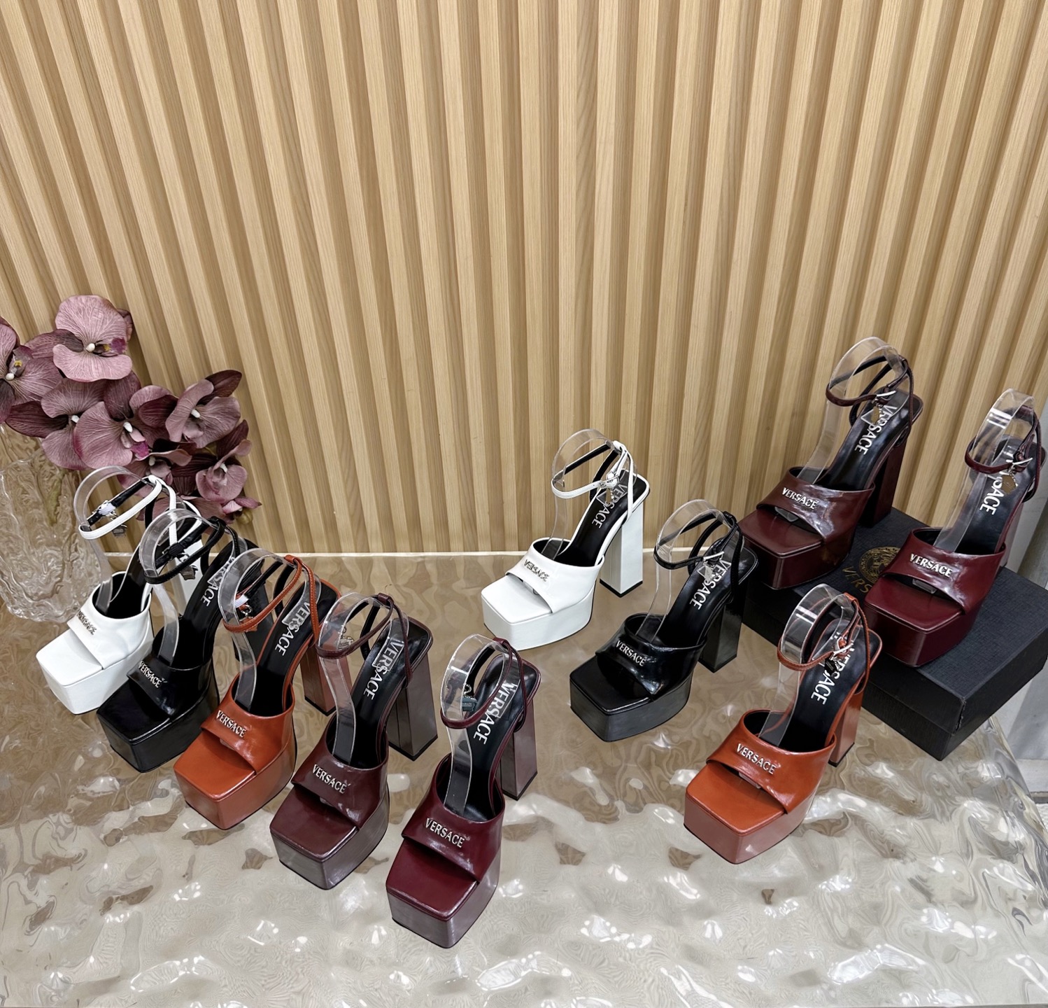 Versace Women's Platform Sandals Leather Heeled Sandals Ankle Strap Shoes