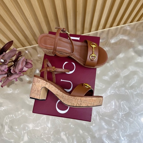 Gucci Women's Brown Leather Platform Heeled Sandals with Horsebit Detail 1 Gucci Women's Brown Leather Platform Heeled Sandals with Horsebit Detail
