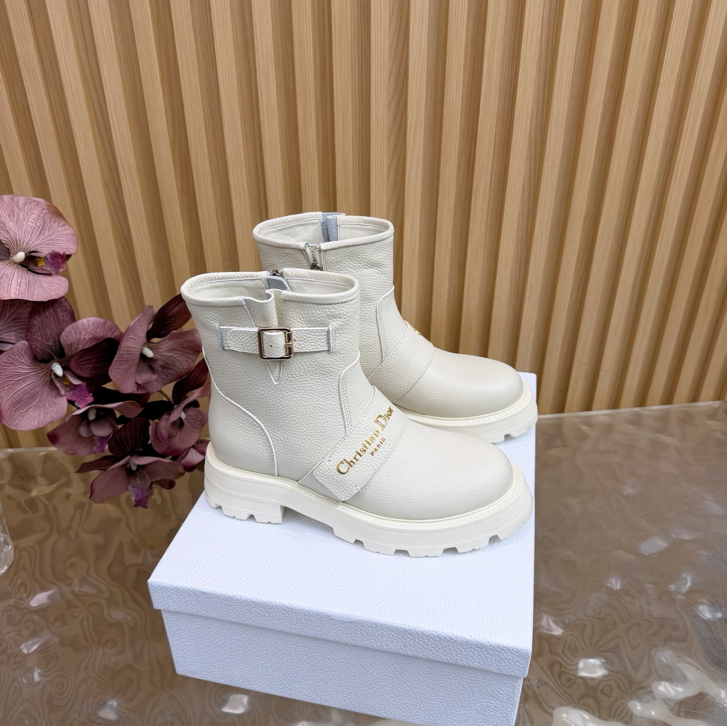 White Buckle Strap Ankle Boots