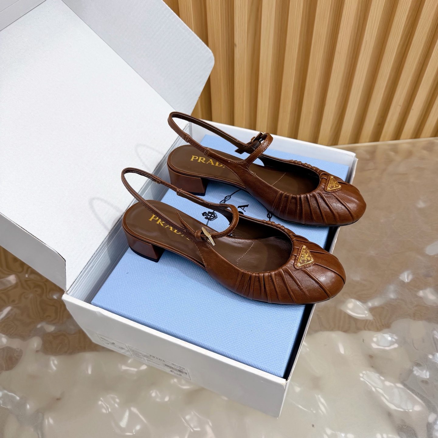 Prada Mary Jane Slingback Block Heel Sandals Brown Leather