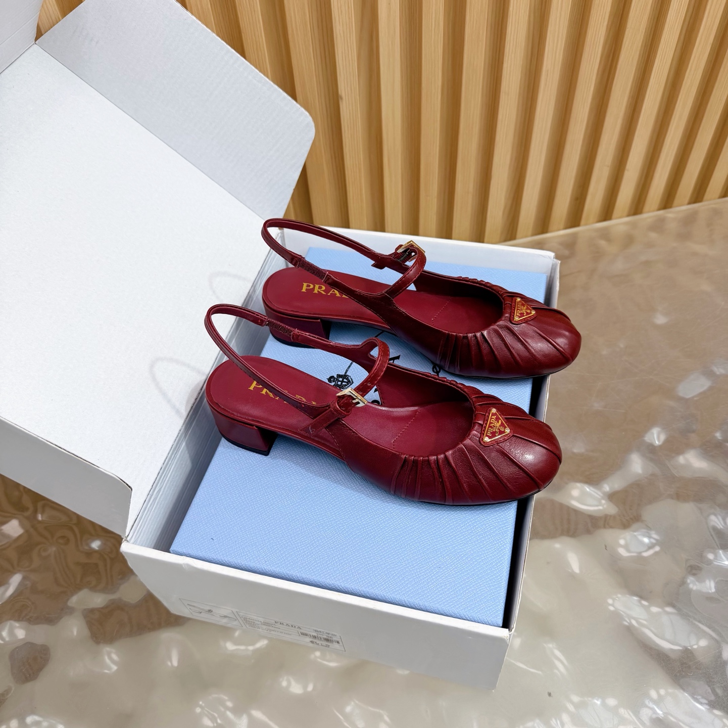 Prada Mary Jane Ruched Calfskin Block Heel Slingback Sandals